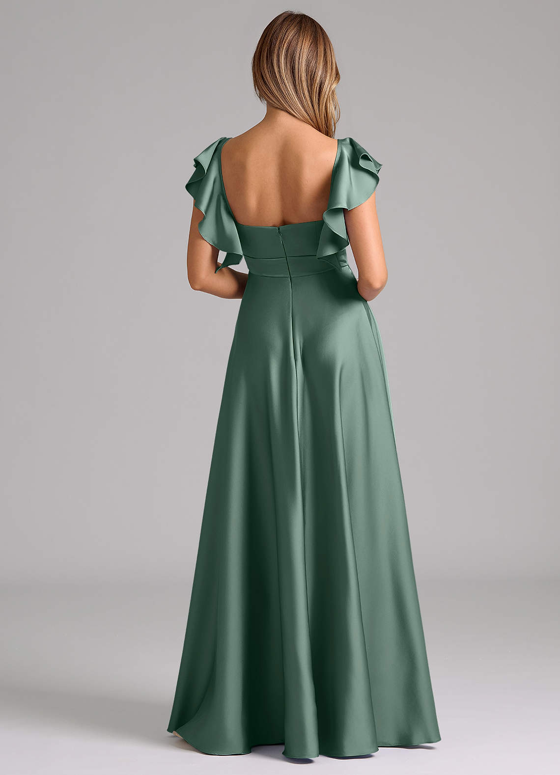 Azazie Leilani Bridesmaid Dresses Eucalyptus A-Line Ruched Stretch Satin Dress image1