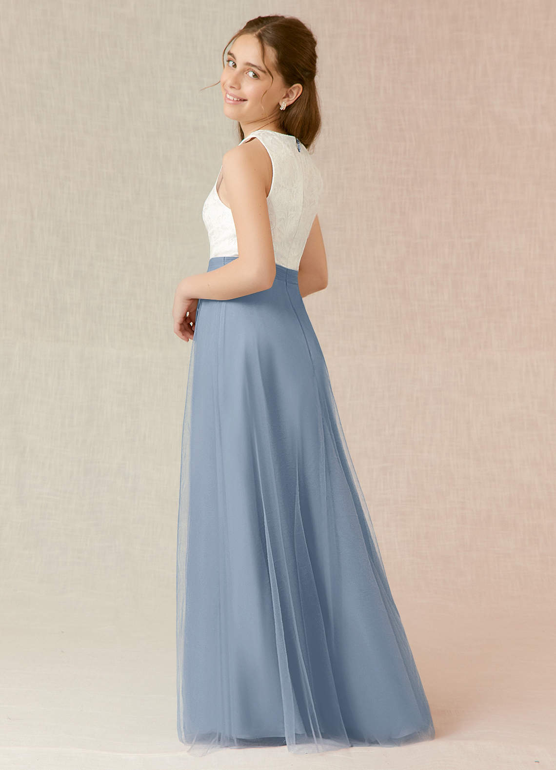 Azazie Albertine Junior Dusty Blue A-Line Lace Chiffon Dress image1