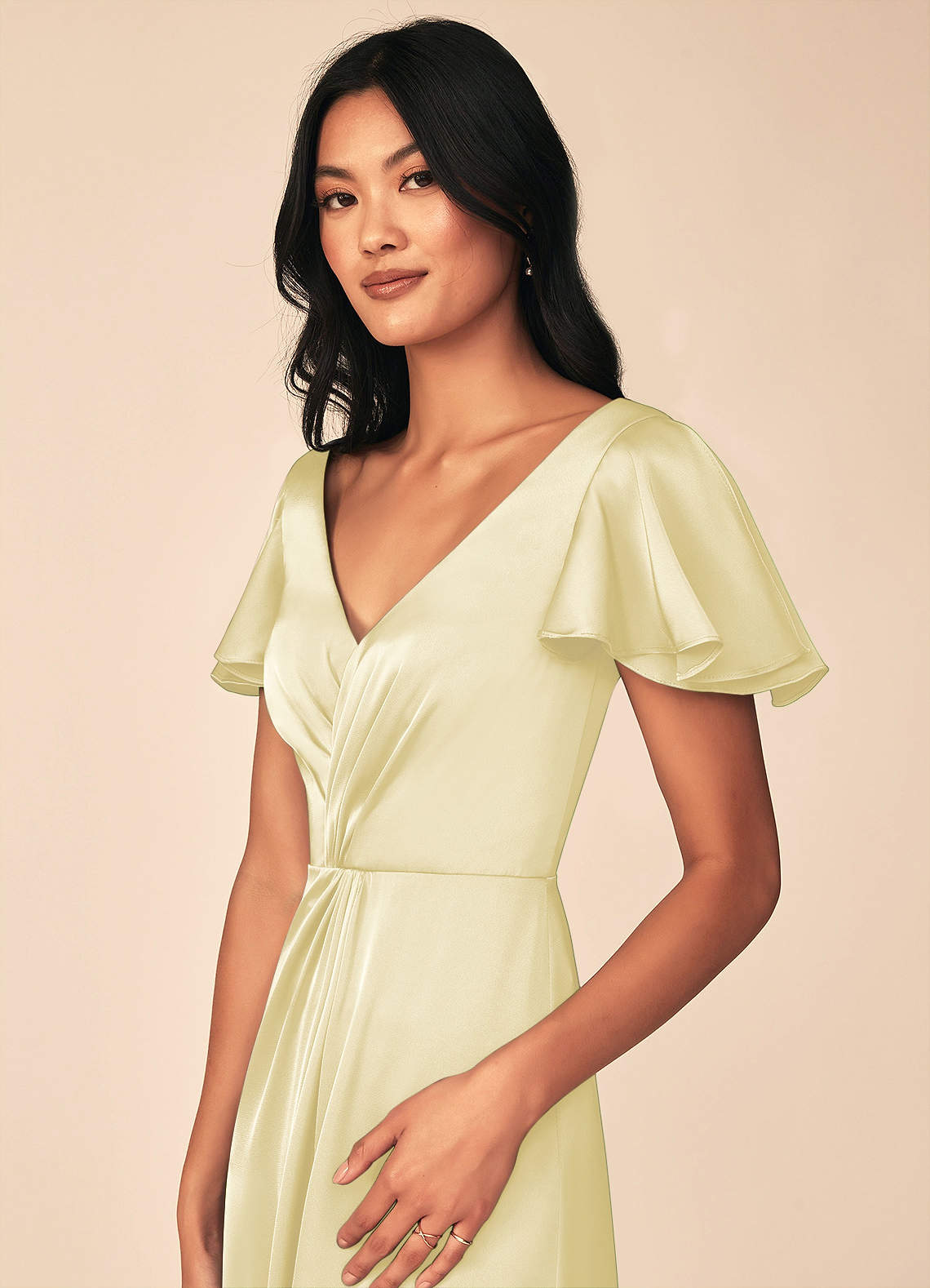 Azazie Soren At-home Try On Dresses Auburn A-Line Pleated Stretch Satin Dress image6