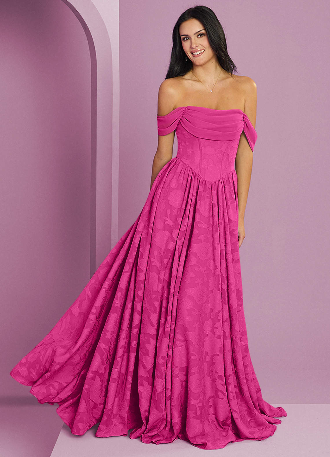 Barbie ♥ Azazie Bridesmaid Dresses Barbie Pink A-Line Off the Shoulder Floral Burnout Convertible Dress image1