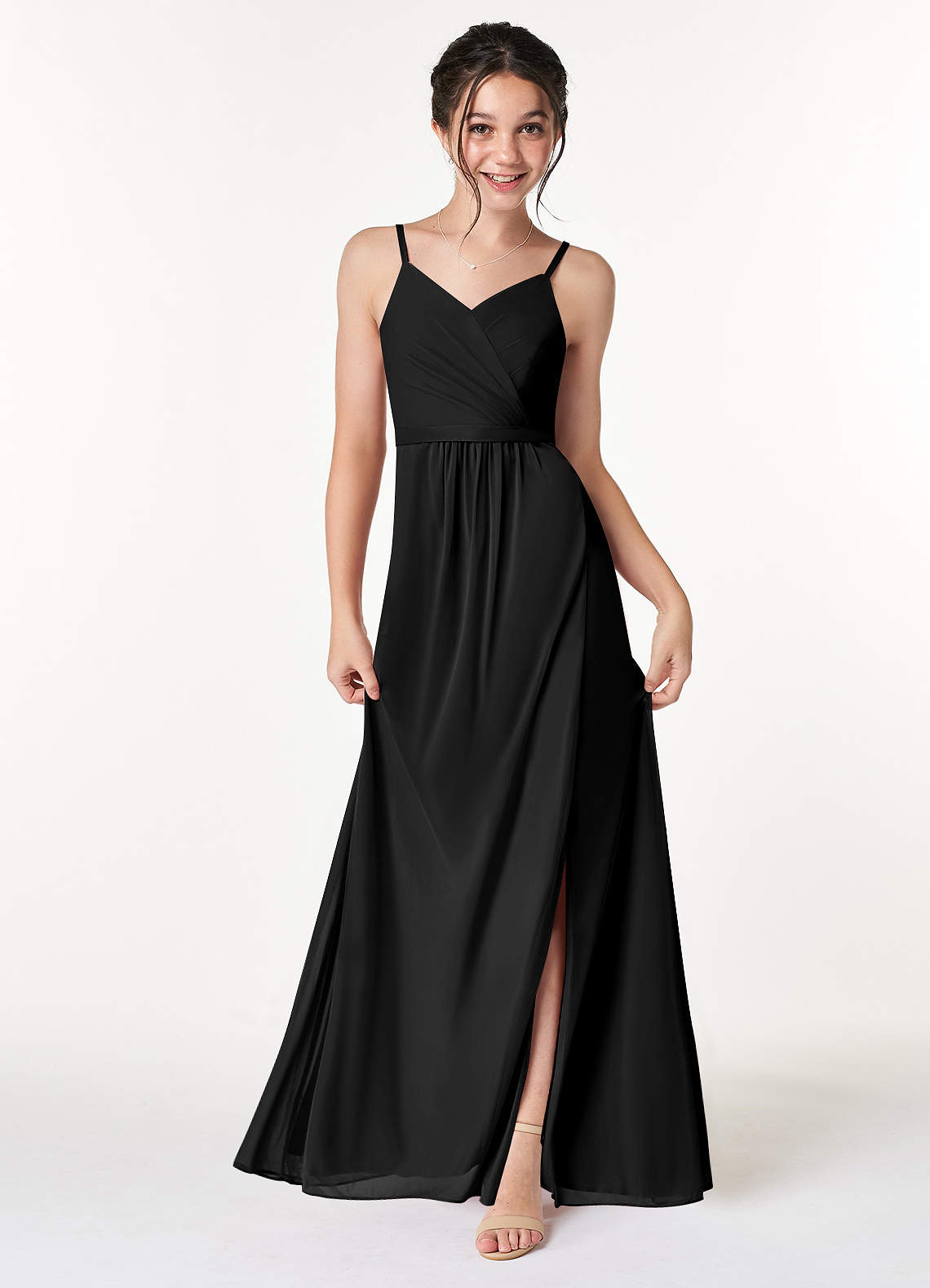 Azazie Luxy Junior Black Pleated Mesh Dress image1