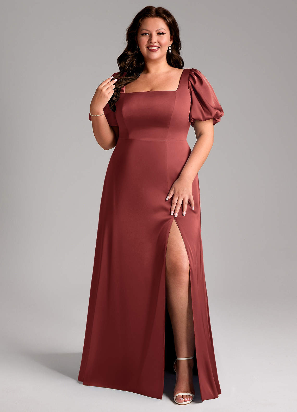 Azazie Fyona Robes de demoiselle d'honneur Robe Trapèze en Satin extensible Plissé Terracotta image1