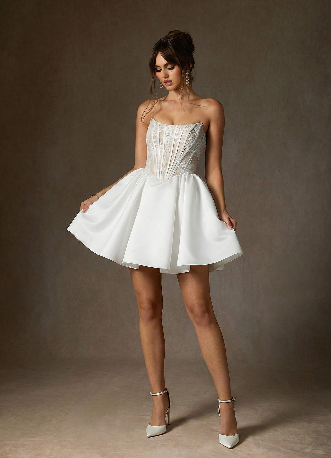 Azazie Barica Abiti da Sposa Abito A-Line in Pizzo Senza Cinturino Bianco Diamante Champagne image5