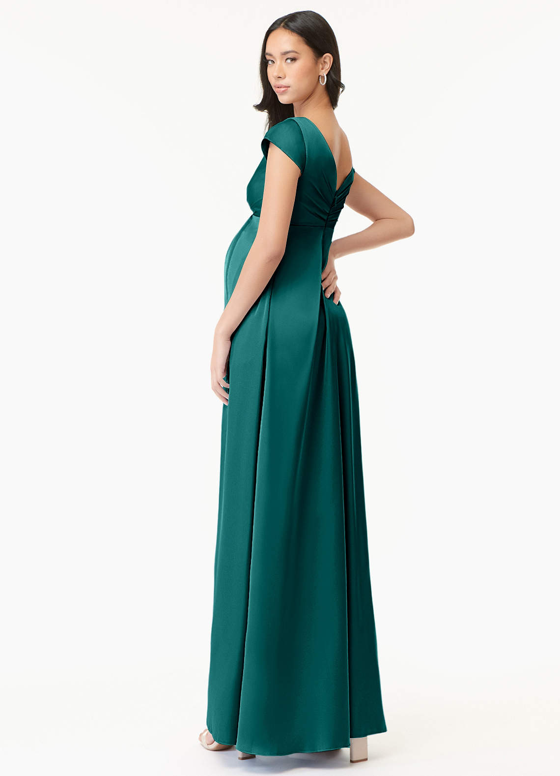 Azazie Allessia Probar vestidos en casa Vestido de Corte en A Plisado Hasta el suelo Satén Elástico image3