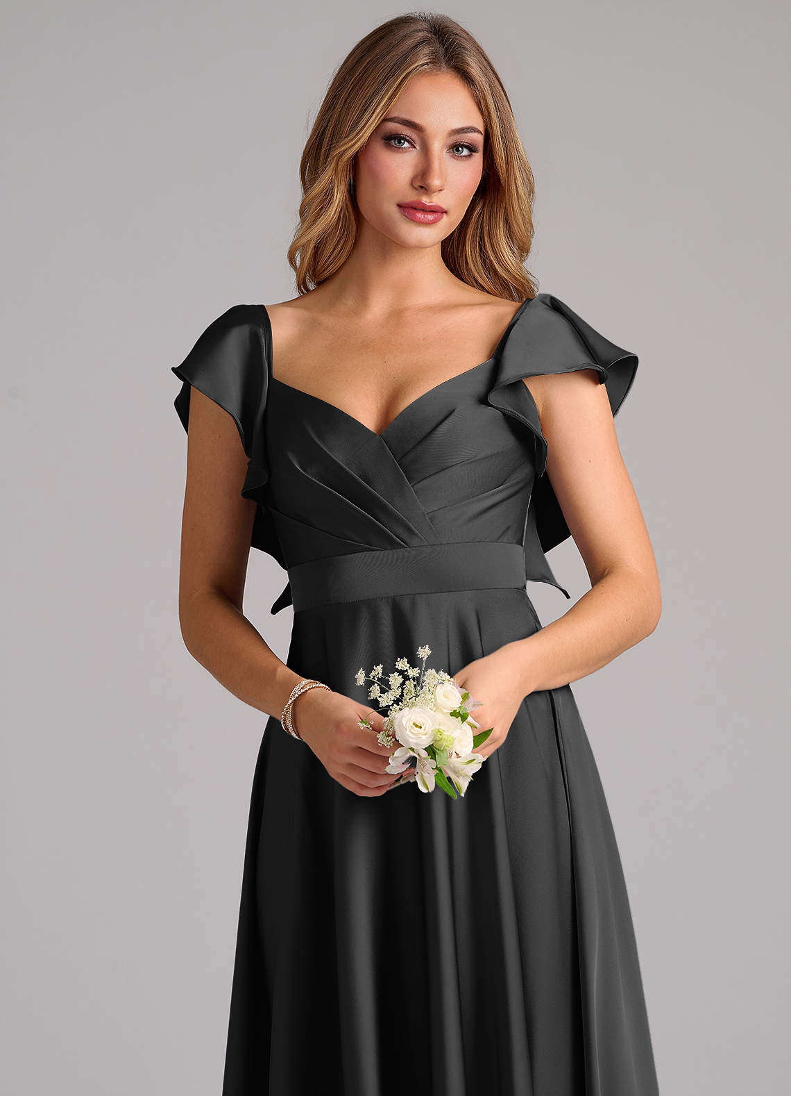 Azazie Leilani Bridesmaid Dresses Black A-Line Ruched Stretch Satin Dress image4