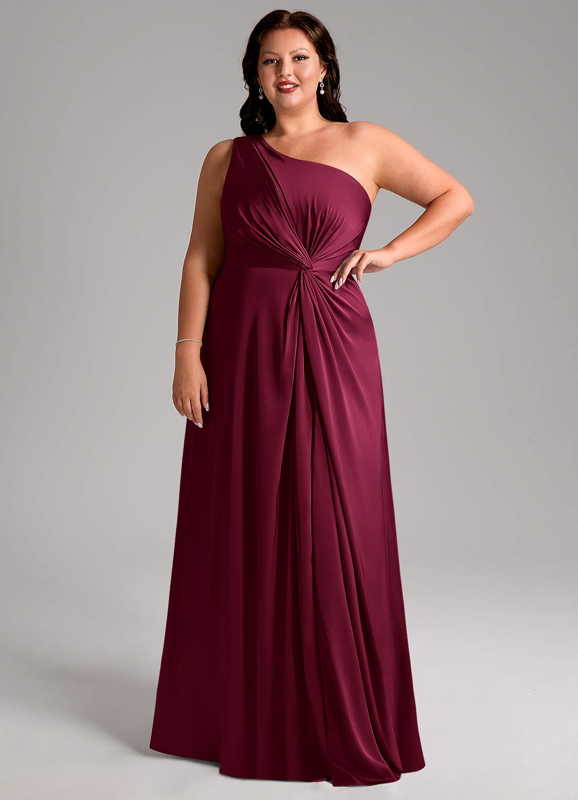 Azazie Brooke Bridesmaid Dresses Burgundy A-Line One Shoulder Stretch Satin Dress image12
