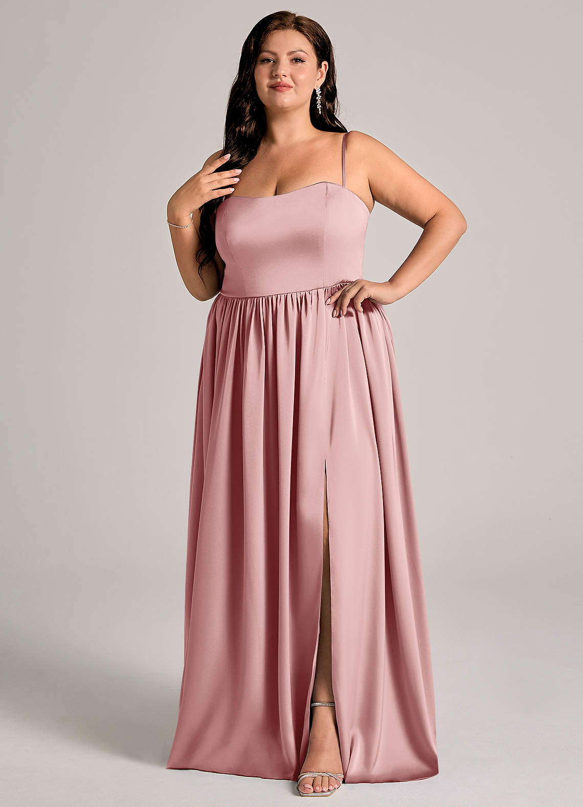 Azazie Calianna Vestidos de damas de honor Vestido de Rosa Polvorienta de Satén Elástico de Línea A Convertible con Vestidos sin tirantes image8