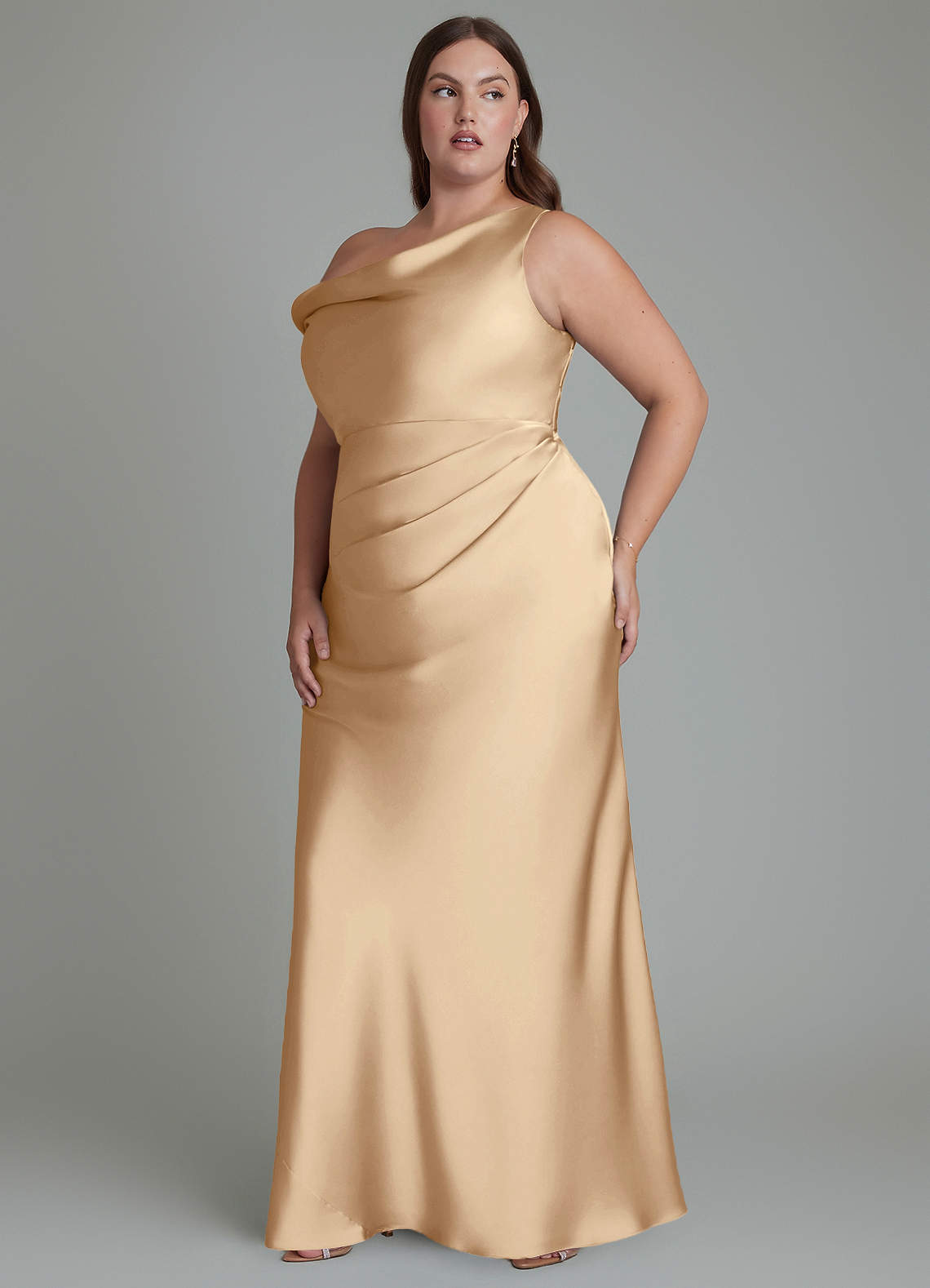 Azazie Emerson Bridesmaid Dresses Champagne Mermaid Off the Shoulder Stretch Satin Dress image10