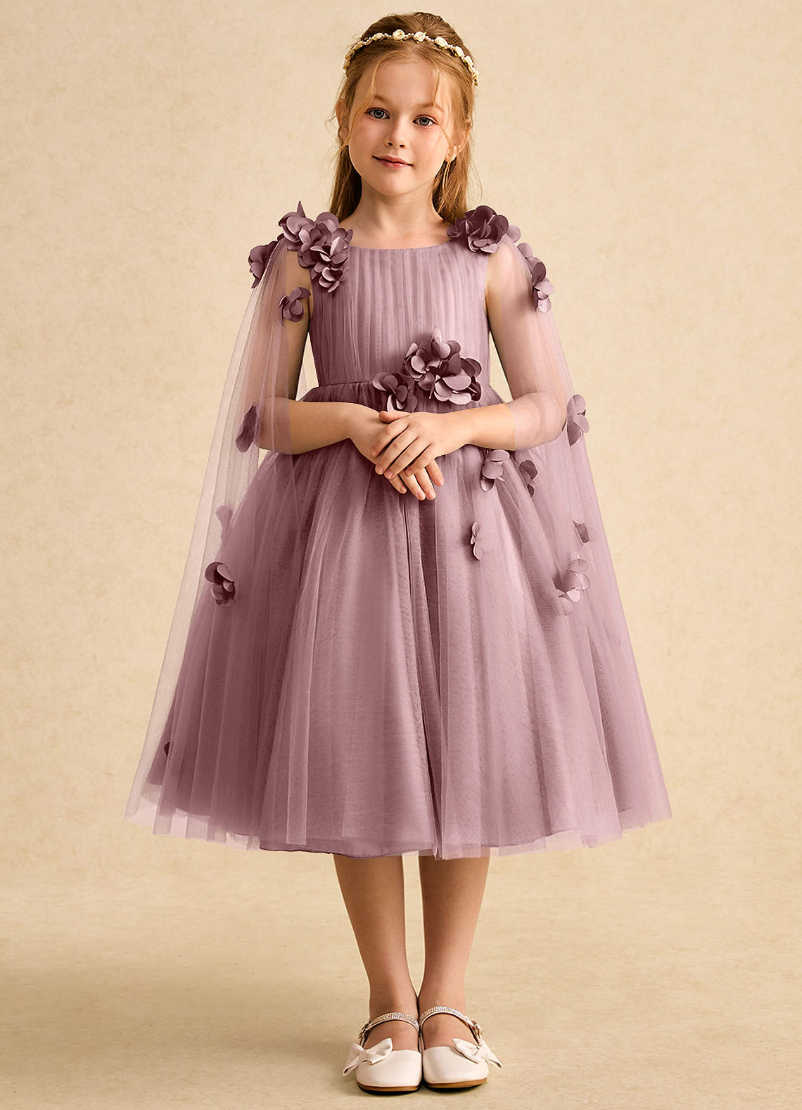 Azazie Staria Flower Girl Dresses Dusty Rose Ball-Gown Ruched Tulle Dress image1