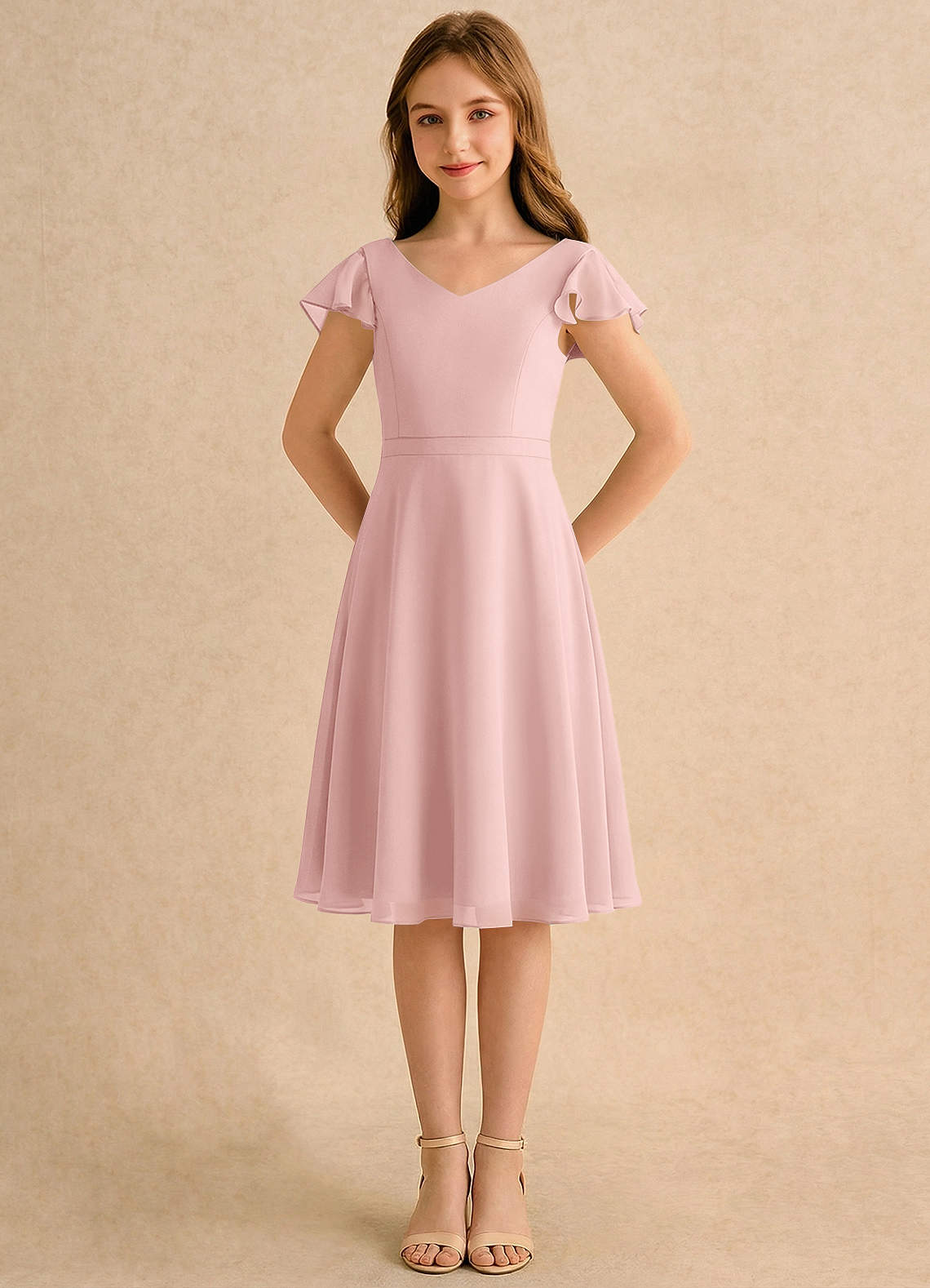 Azazie Narin Girls Formal Flower Girl Klänningar Klänning A-Line i Chiffong med ärmar image4