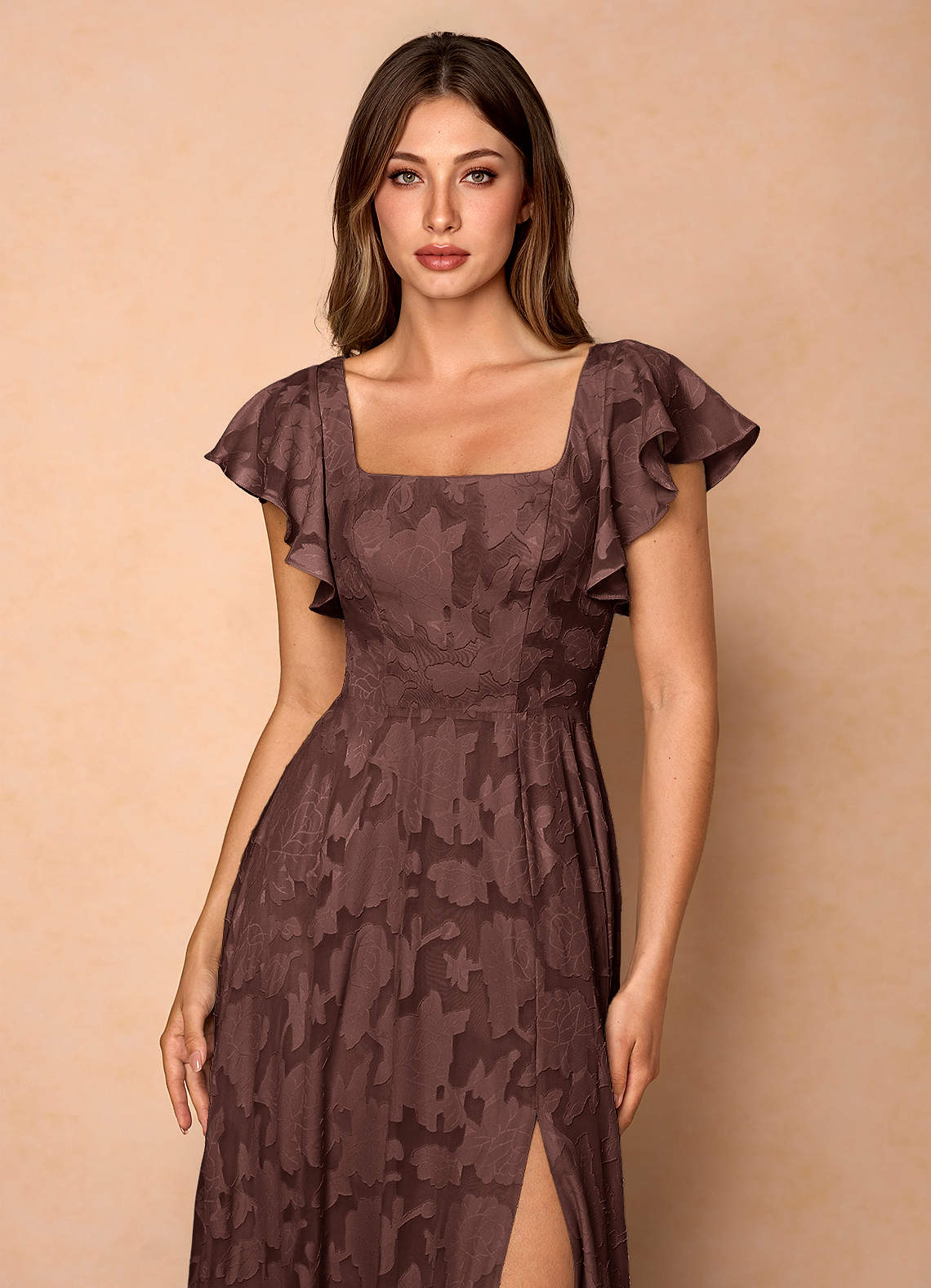 Anna Mocha Coco Ruffled Maxi Dress | Azazie UK