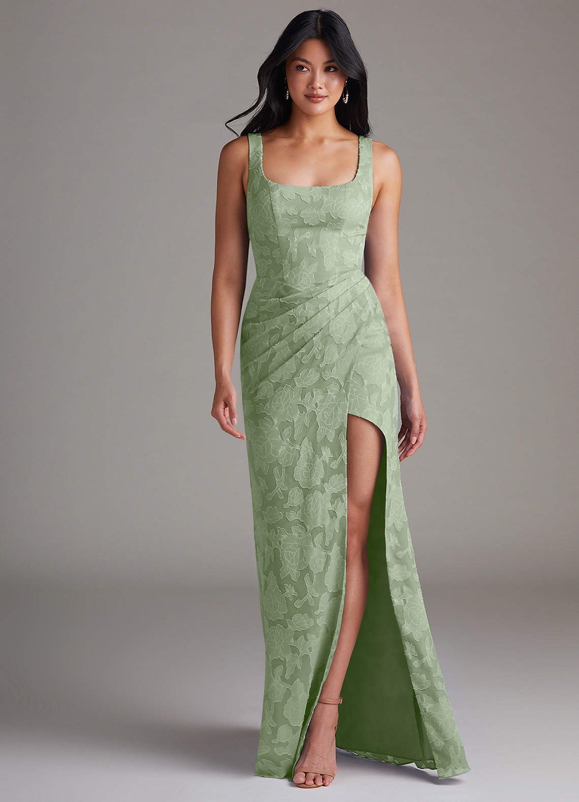 Azazie Mero Bridesmaid Dresses Dusty Sage Sheath Pleated Floral Burnout Dress image3