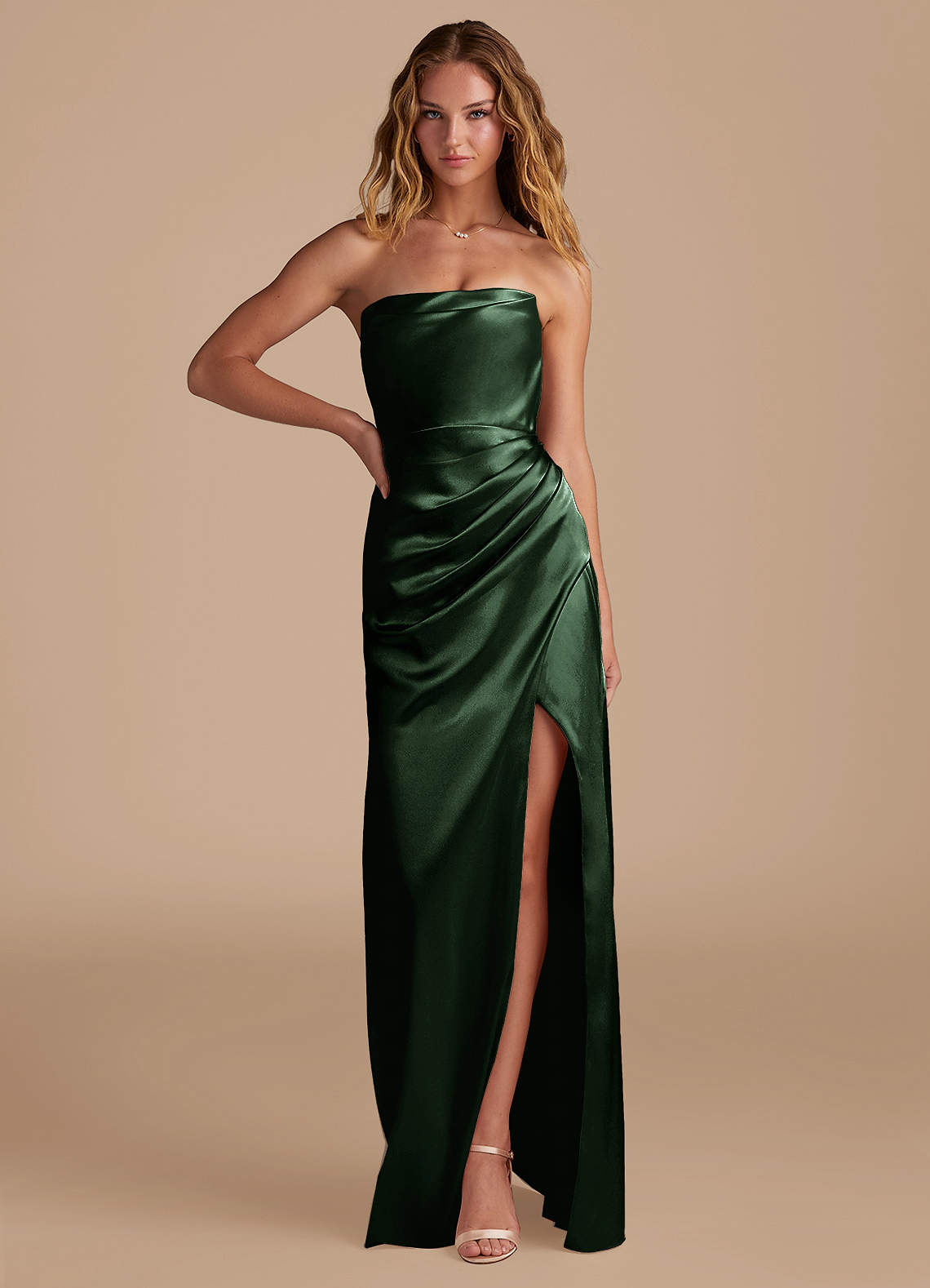 Azazie Leonis Bridesmaid Dresses Eucalyptus Mermaid Pleated Metallic Satin Convertible Dress image1