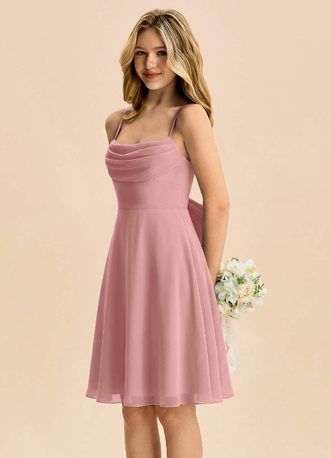 Azazie Bear Junior A-Line Plisseret Chiffon Mini Junior brudepige Kjole image3