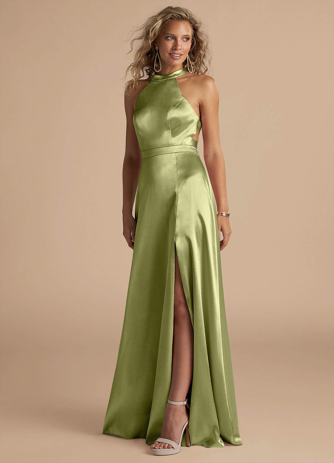 Azazie Clarice Brudtärnklänningar Klänning av A-Linje i Metallisk satin Hög hals Pistasch image1