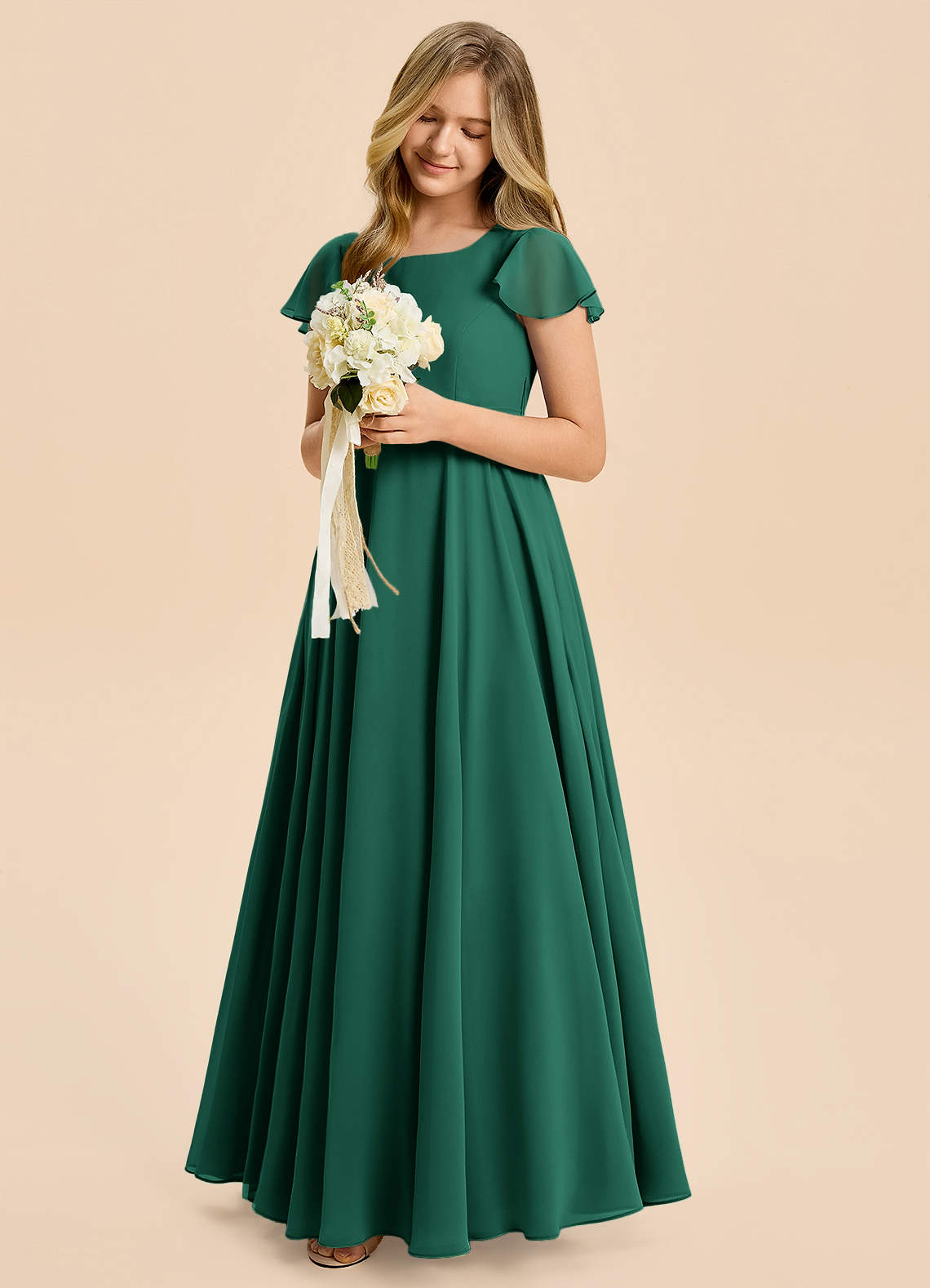 Azazie Cady Junior Emerald A-Line Pleated Chiffon Dress image3