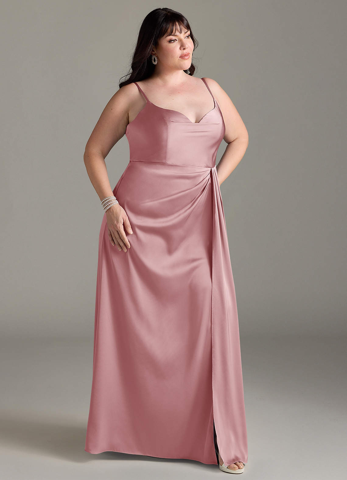 Azazie Brielle Abiti da Damigella Abito A-Line in Raso Elasticizzato con Scollo a Cappuccio e Spalline Sottili Rosa Polverosa image8