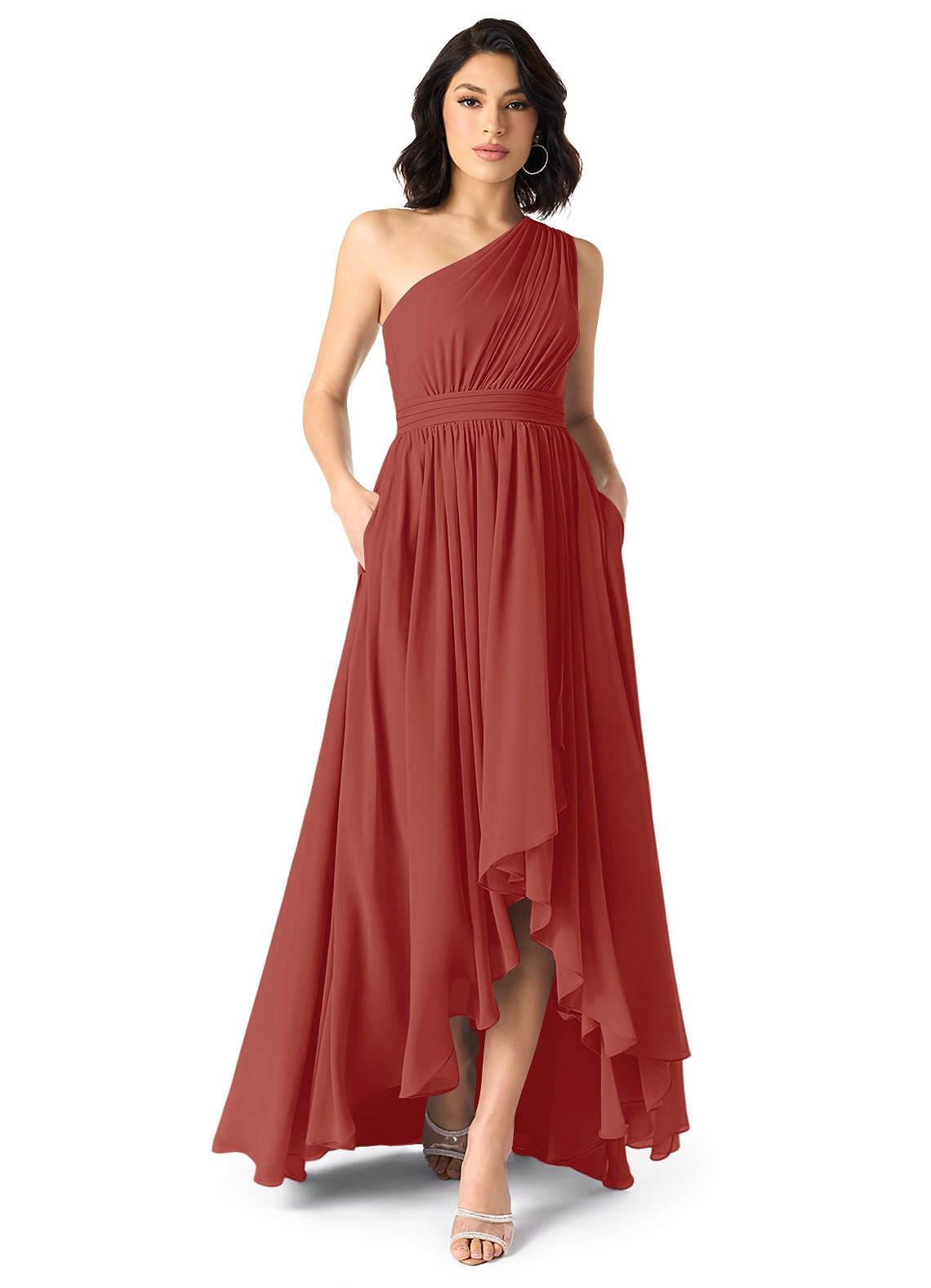 Azazie Mathilda Bridesmaid Dresses Terracotta A-Line One Shoulder Chiffon Dress image1