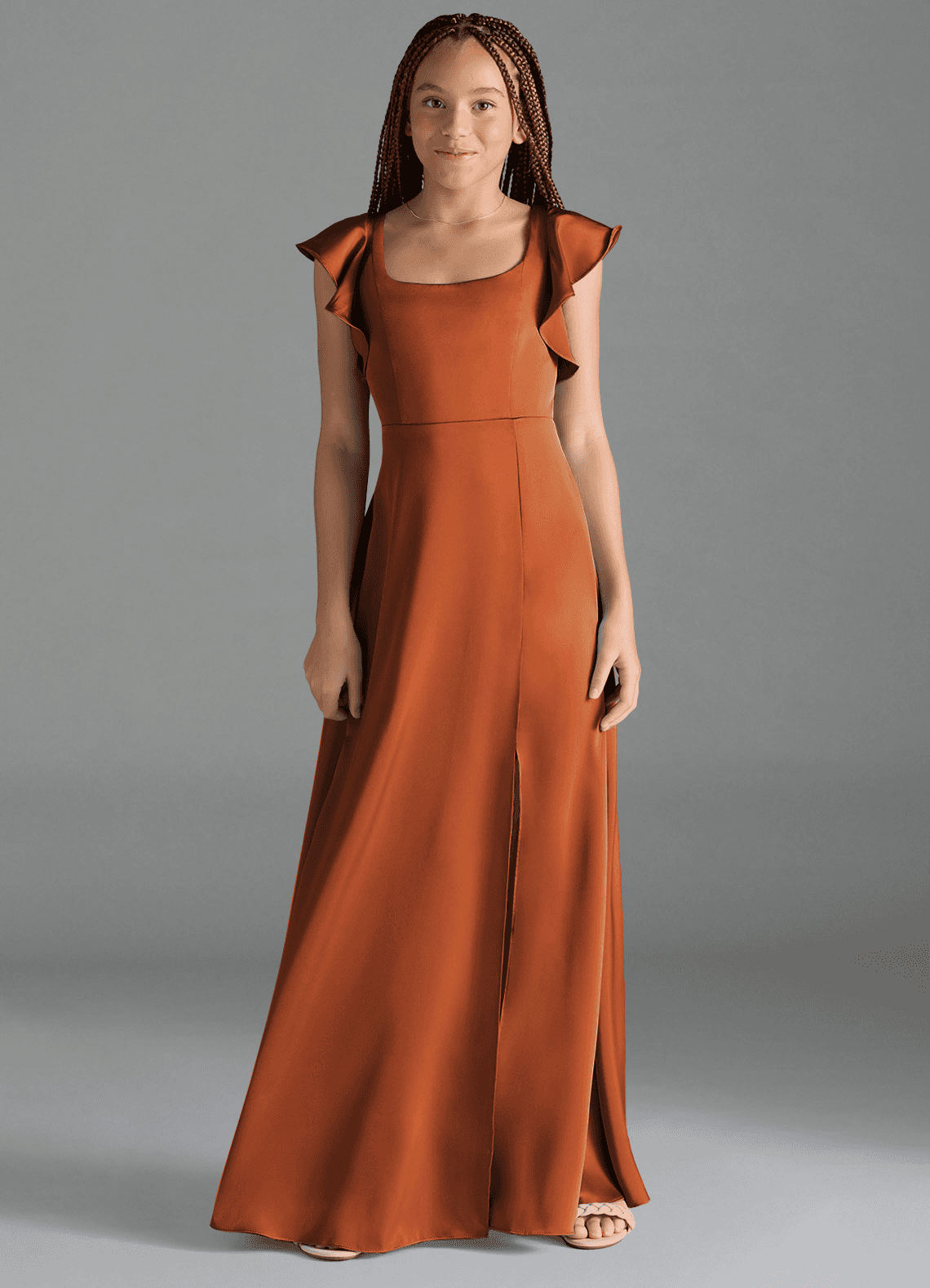 Azazie Bondi Junior Cinnamon A-Line Side Slit Stretch Satin Dress image1