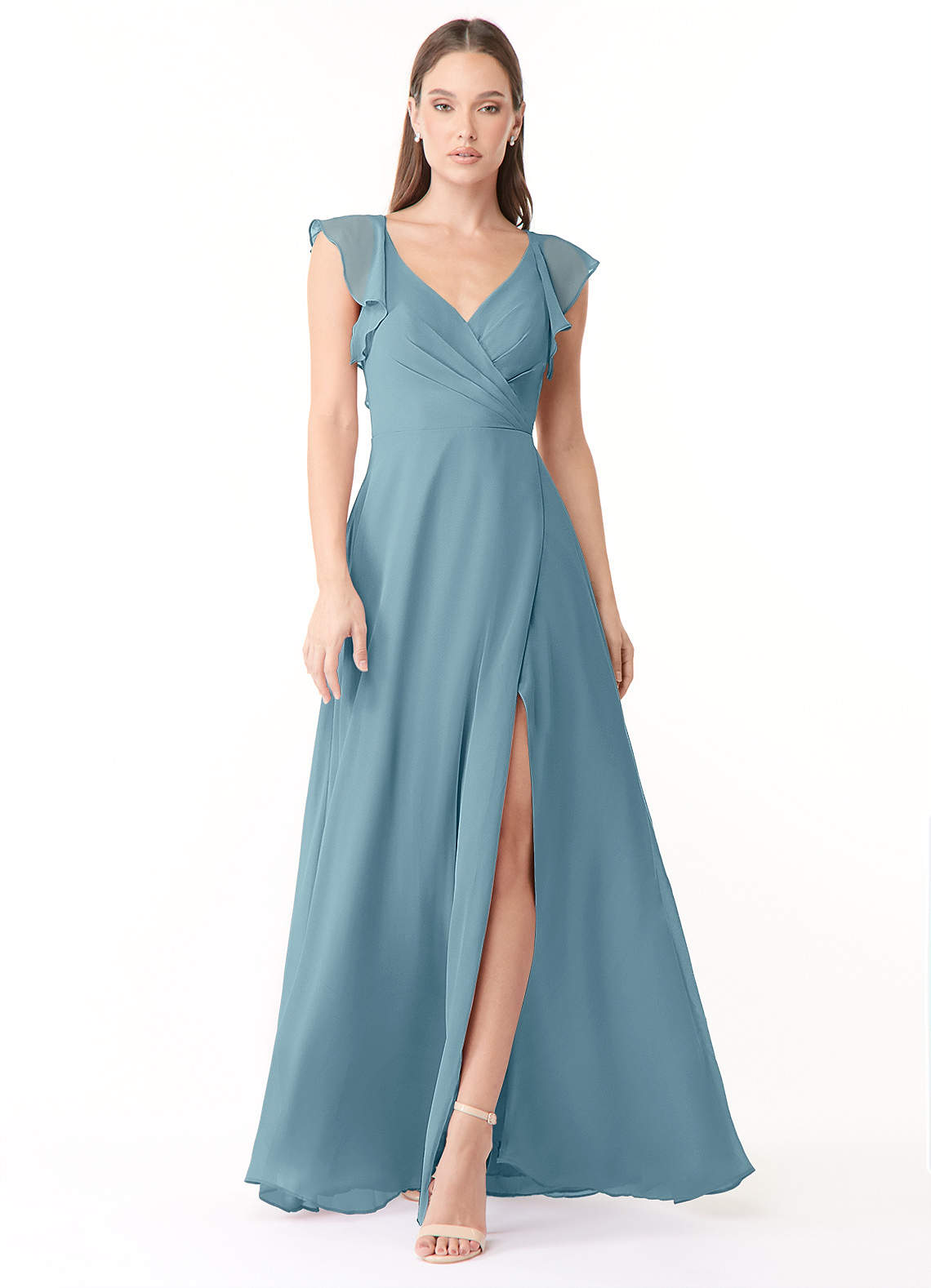 Azazie Yoko Bridesmaid Dresses Moody Blue A-Line Ruched Chiffon Dress image1