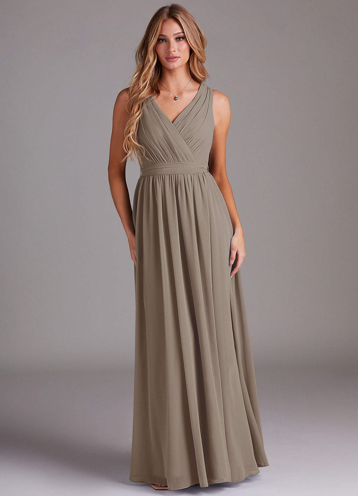 Azazie Kingsley Bridesmaid Dresses Taupe A-Line Lace Chiffon Dress image1