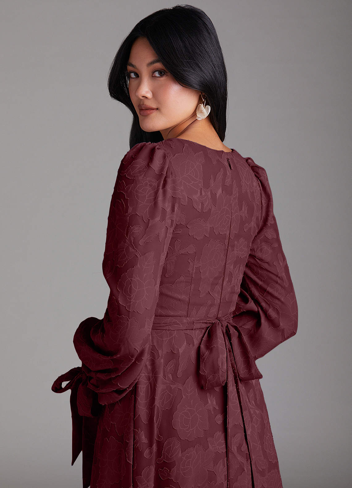 Azazie Leonia Bridesmaid Dresses Cabernet A-Line Long Sleeve Floral Burnout Dress image4