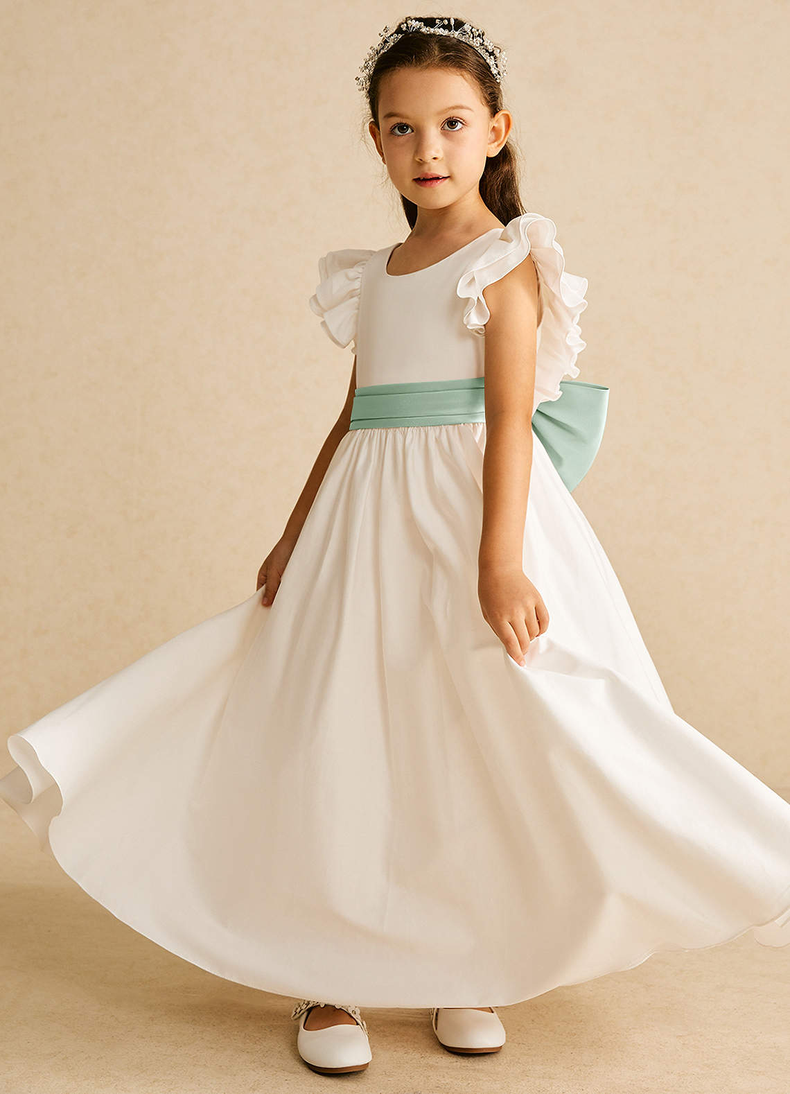 Azazie Aero Flower Girl Dresses Ivory Agave A-Line Pleated Cotton Dress image1