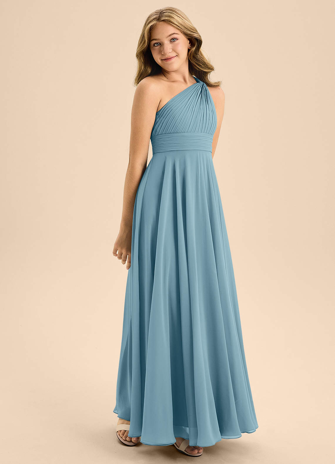 Azazie Charlize Junior Abito A-Line in Chiffon Plissettato Blu Lunatico image4