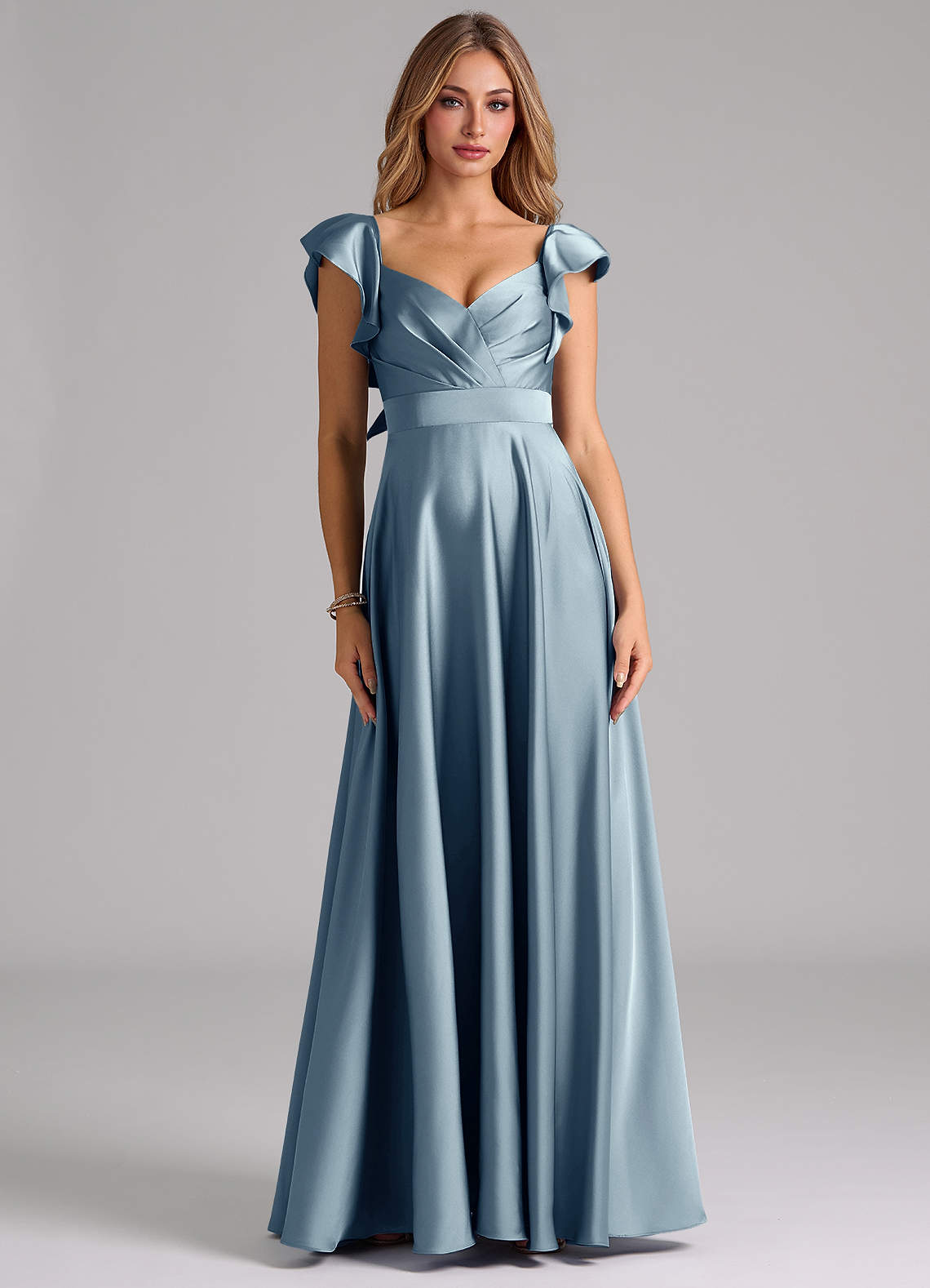 Azazie Leilani Bridesmaid Dresses Dusty Blue A-Line Ruched Stretch Satin Dress image2