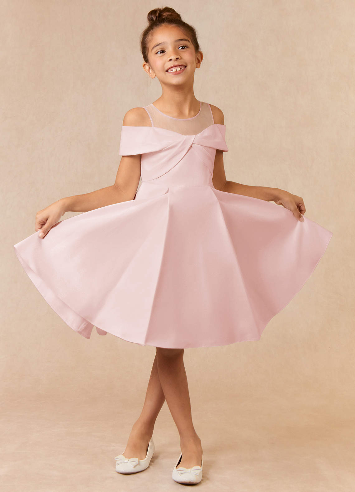 Azazie Shirin Flower Girl Dresses Blushing Pink A-Line Off the Shoulder Matte Satin Dress image1
