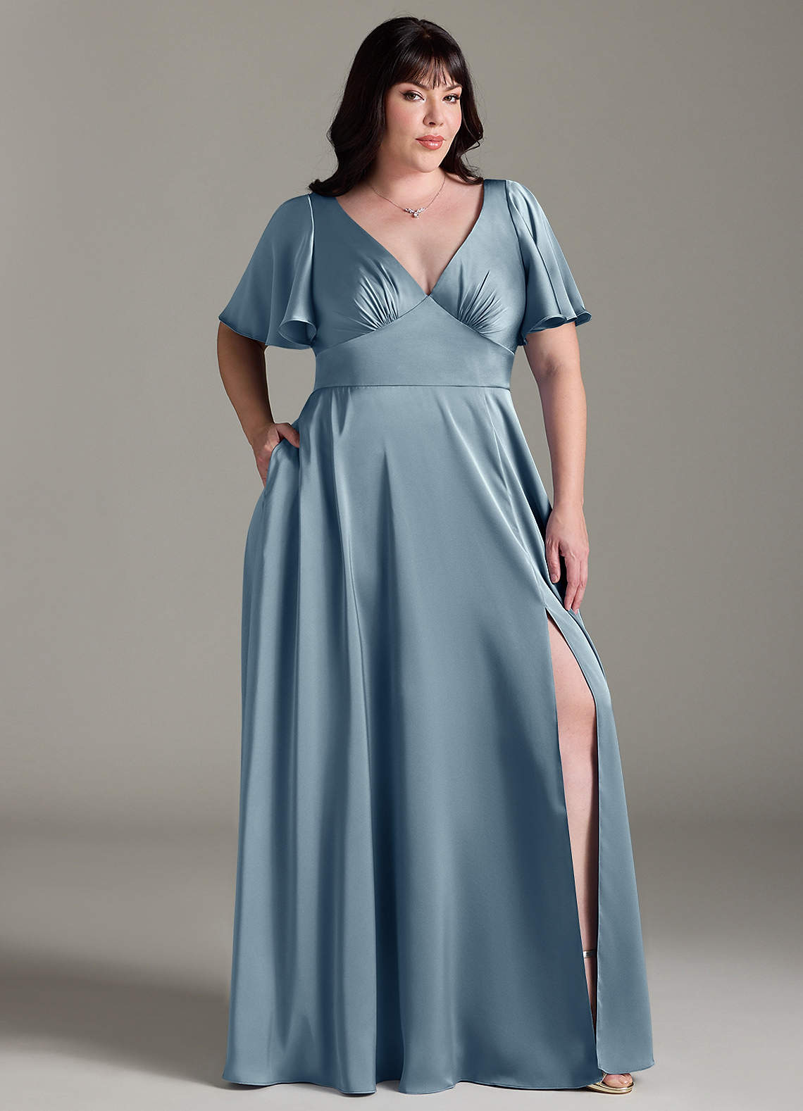 Azazie Kimber Bridesmaid Dresses Dusty Blue A-Line Ruched Stretch Satin Dress image8