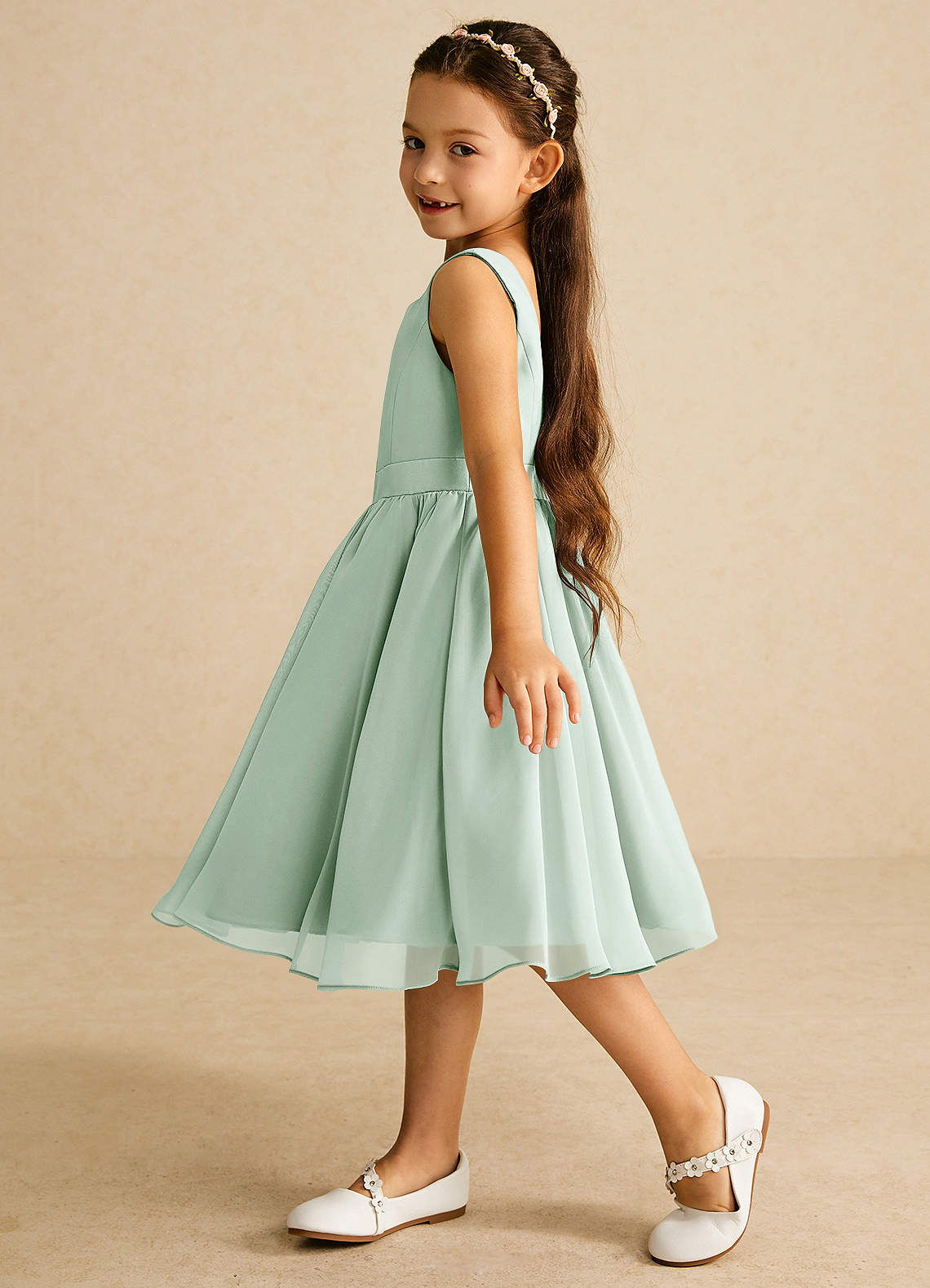 Azazie Ari Flower Girl Dresses Agave A-Line Sleeveless Chiffon Dress image3