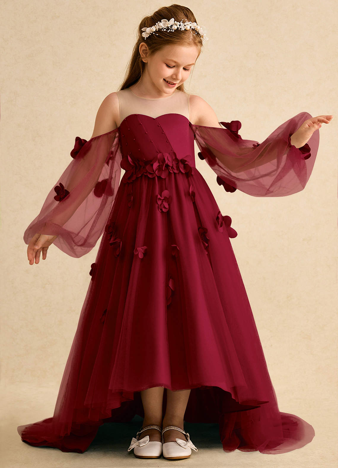 Azazie Karrie Flower Girl Dresses Burgundy A-Line with Sleeves Tulle Dress image3