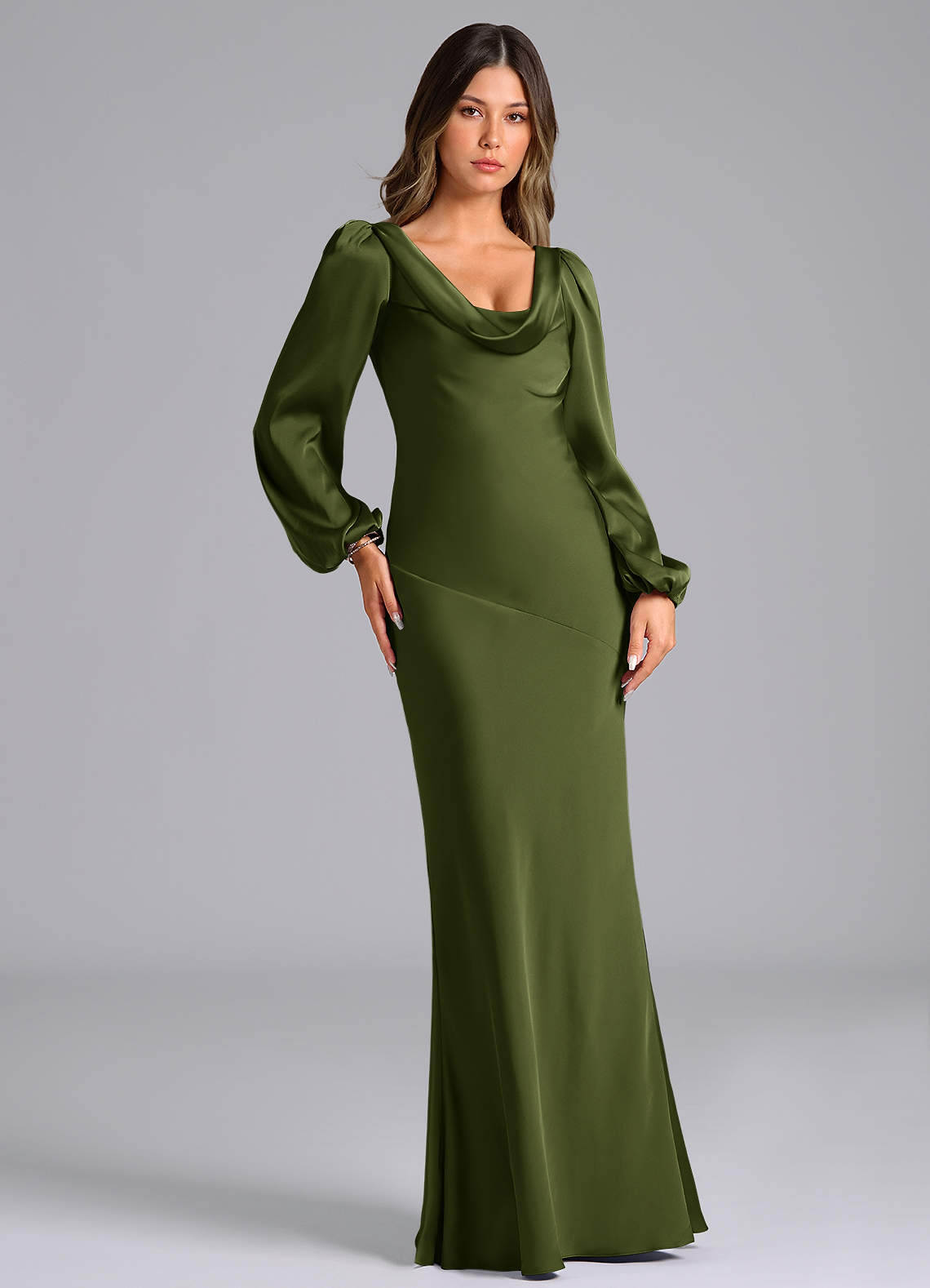 olive satin dress long sleeve Azazie Melani