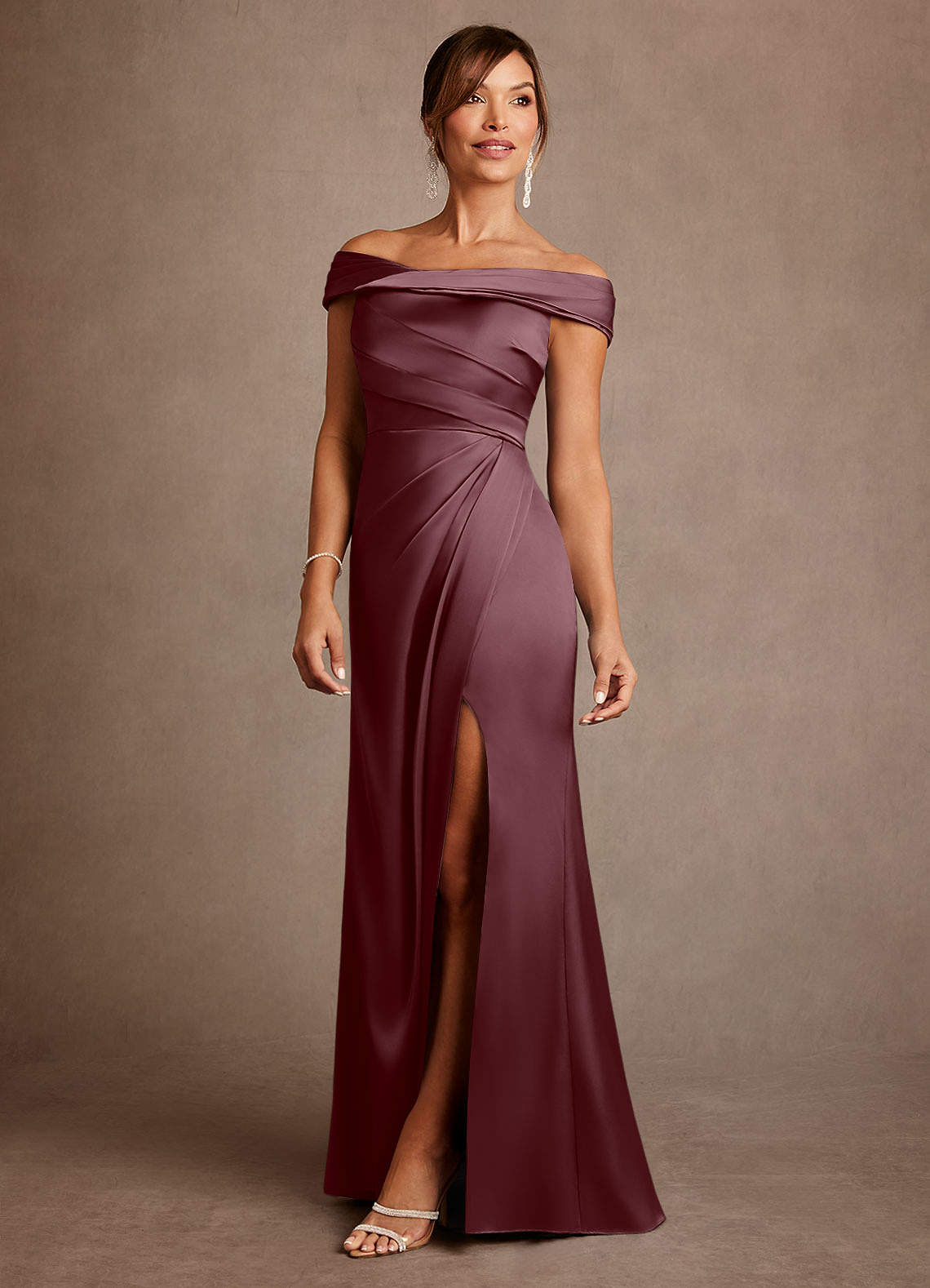 Azazie Bedford Mother of the Bride Dresses Sangria Sheath Pleated Stretch Satin Dress image1