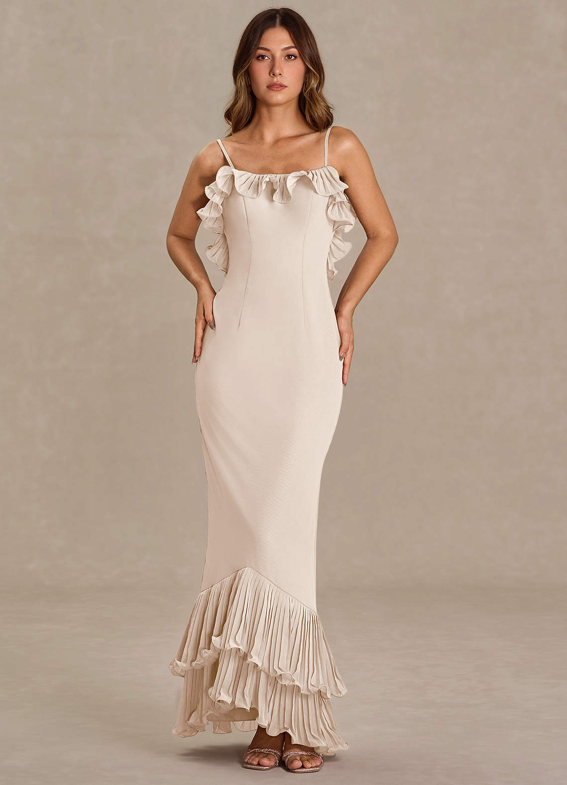 Vionette Cream Ruffle Maxi Dress Ready to Ship | Azazie
