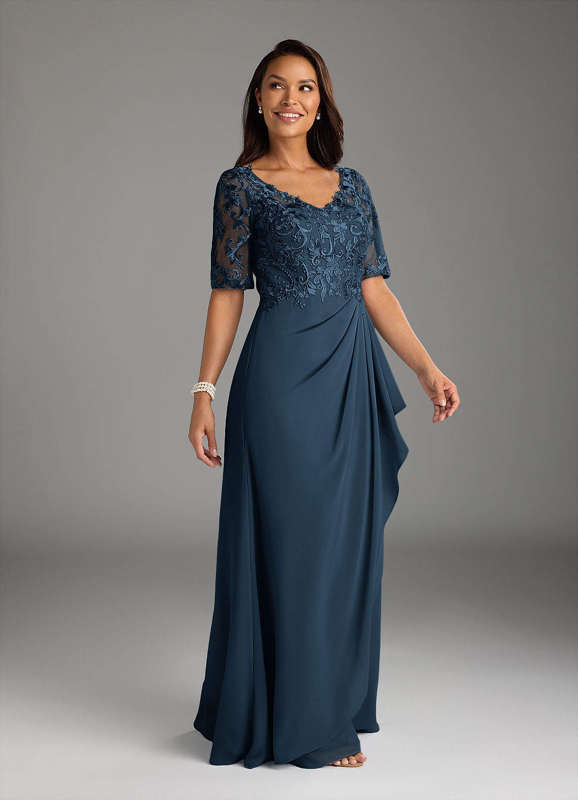 Azazie Amedeus Dark Navy A-Line V-Neck Lace Chiffon Dress | Azazie
