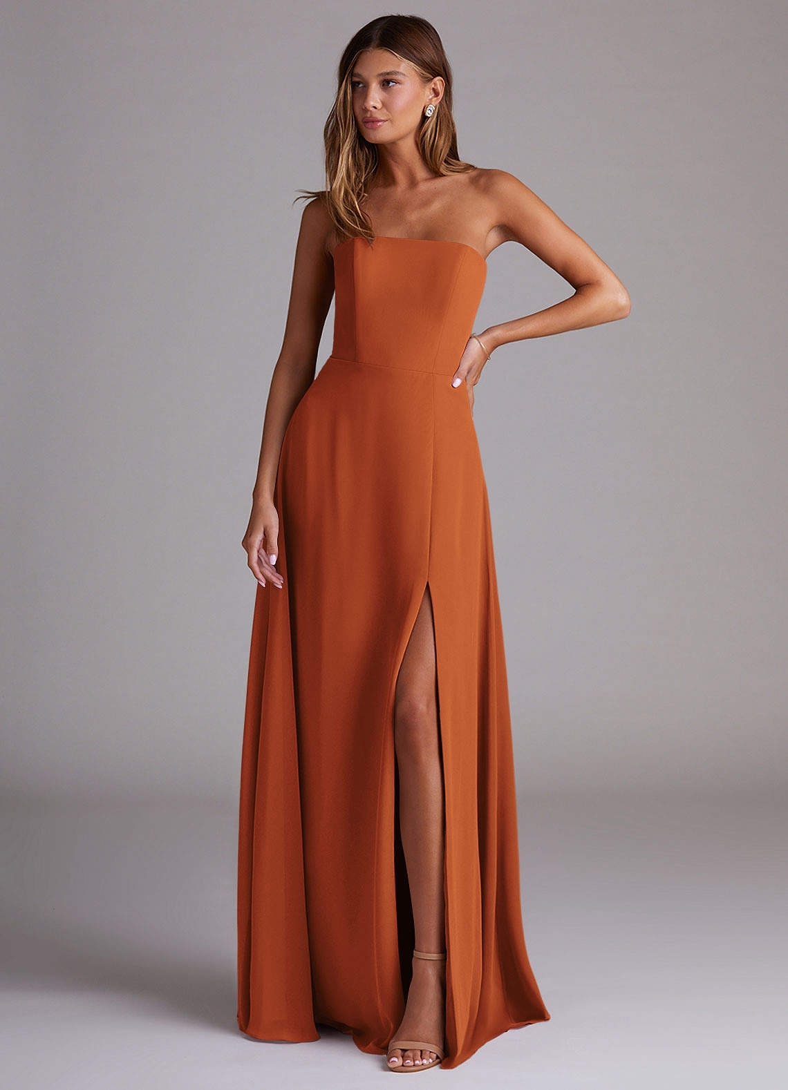 Azazie Wren Bridesmaid Dresses Cinnamon A-Line Side Slit Chiffon Convertible Dress image1