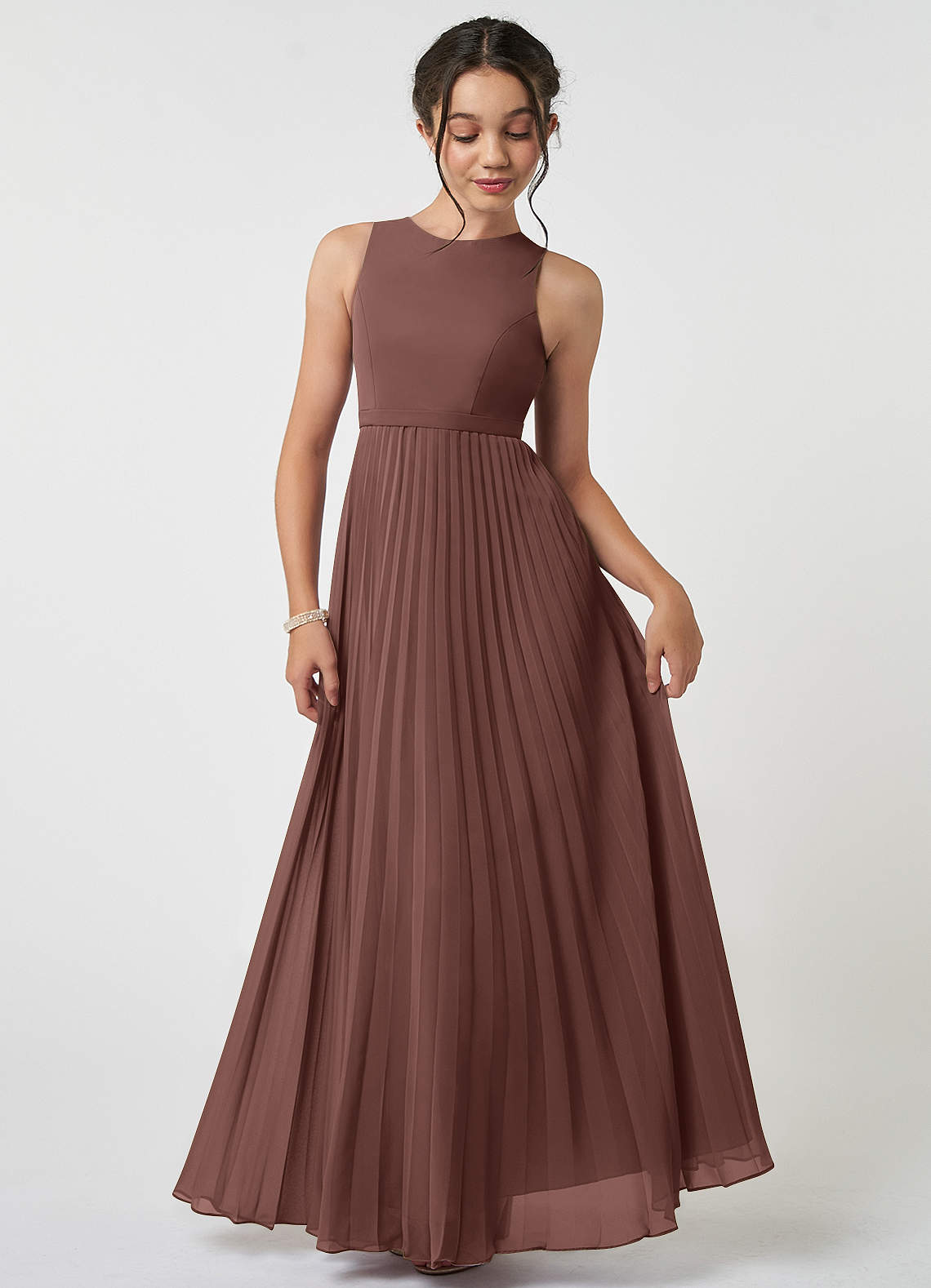 Azazie Lindie Junior Espresso A-Line Pleated Chiffon Dress image1