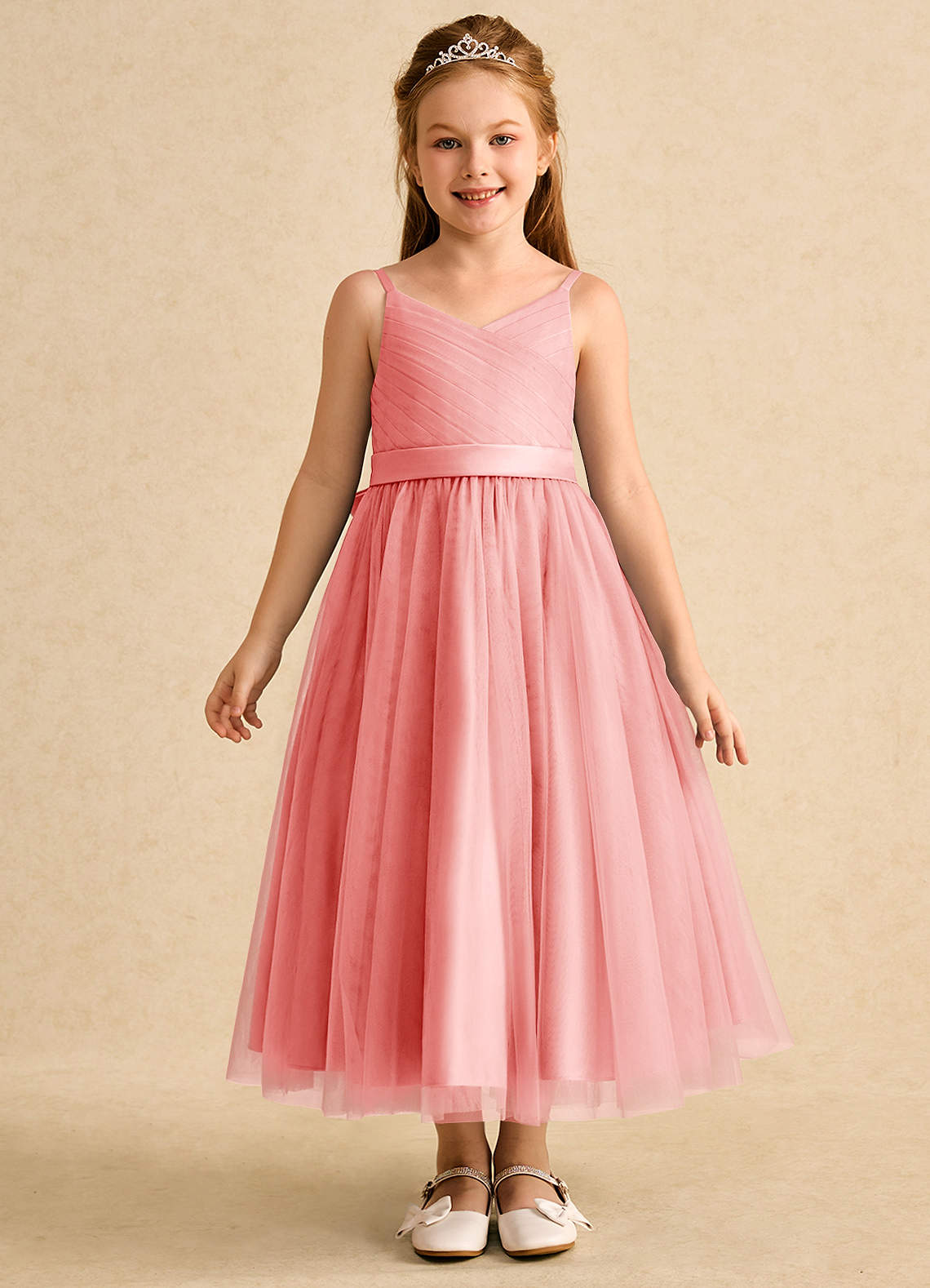 Azazie Patootie vestidos de niña de las flores Vestido de Coral de Tul de Corte En A con Tirante Espagueti image1