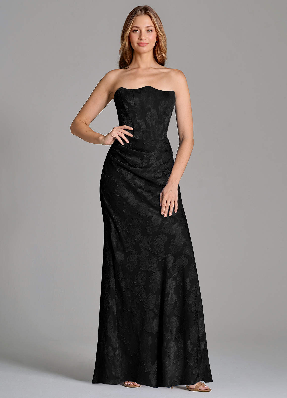 Azazie Ezrena 신부 들러리 드레스 인어 스트랩리스 플로럴 번아웃 바닥 길이 드레스 image1