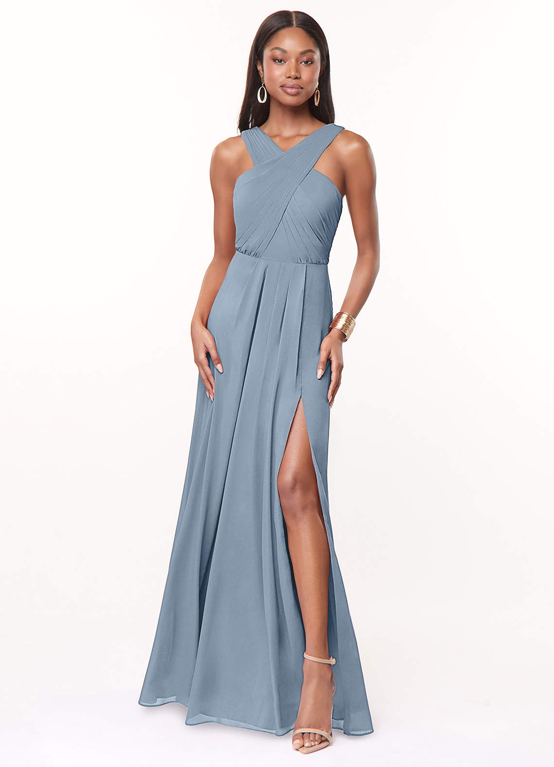 Azazie Brandie Ready to Ship Dusty Blue Stretch Chiffon Bridesmaid Dresses  | Azazie