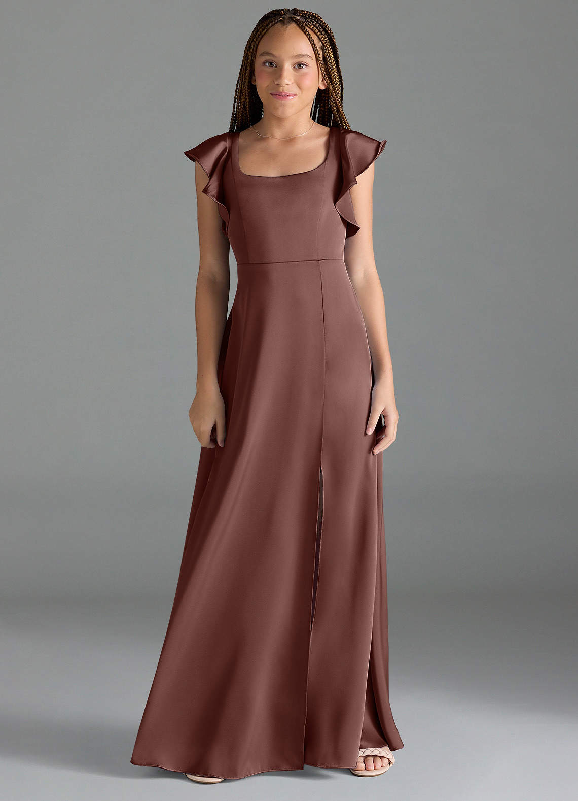 Azazie Bondi Junior Espresso A-Line Side Slit Stretch Satin Dress image1