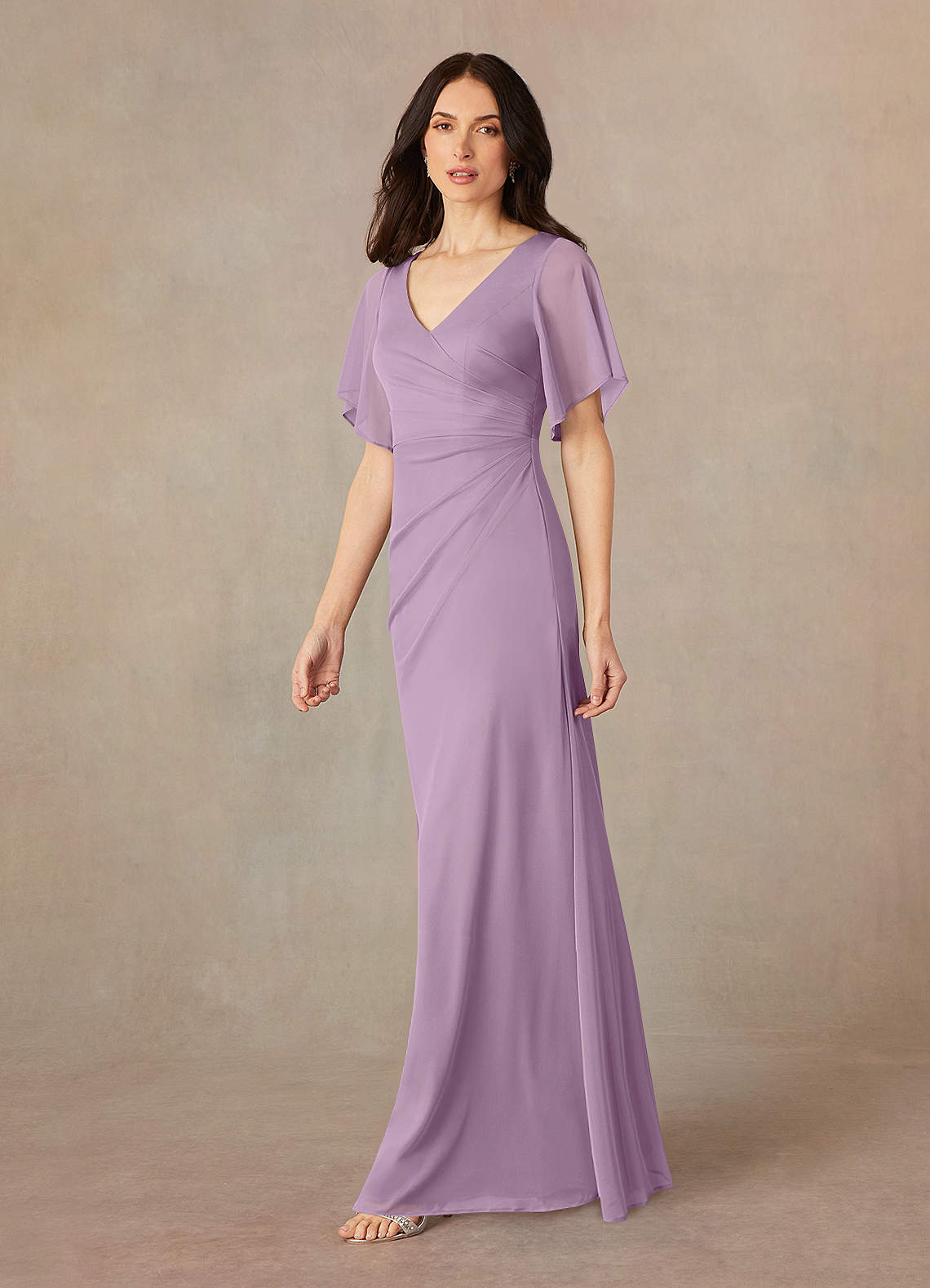 Azazie Selah Wisteria A-Line V-Neck ruched Mesh Dress Azazie