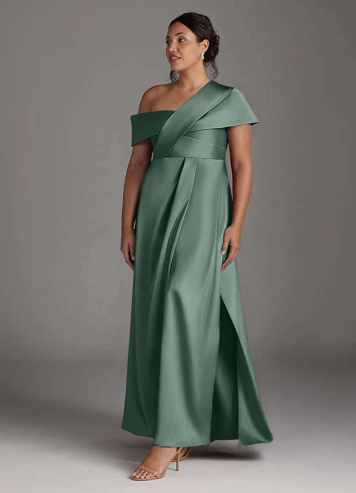 Azazie Milton Vestidos para mãe da noiva Vestir Eucalipto de Cetim elástico de Linha A com Plissado image10