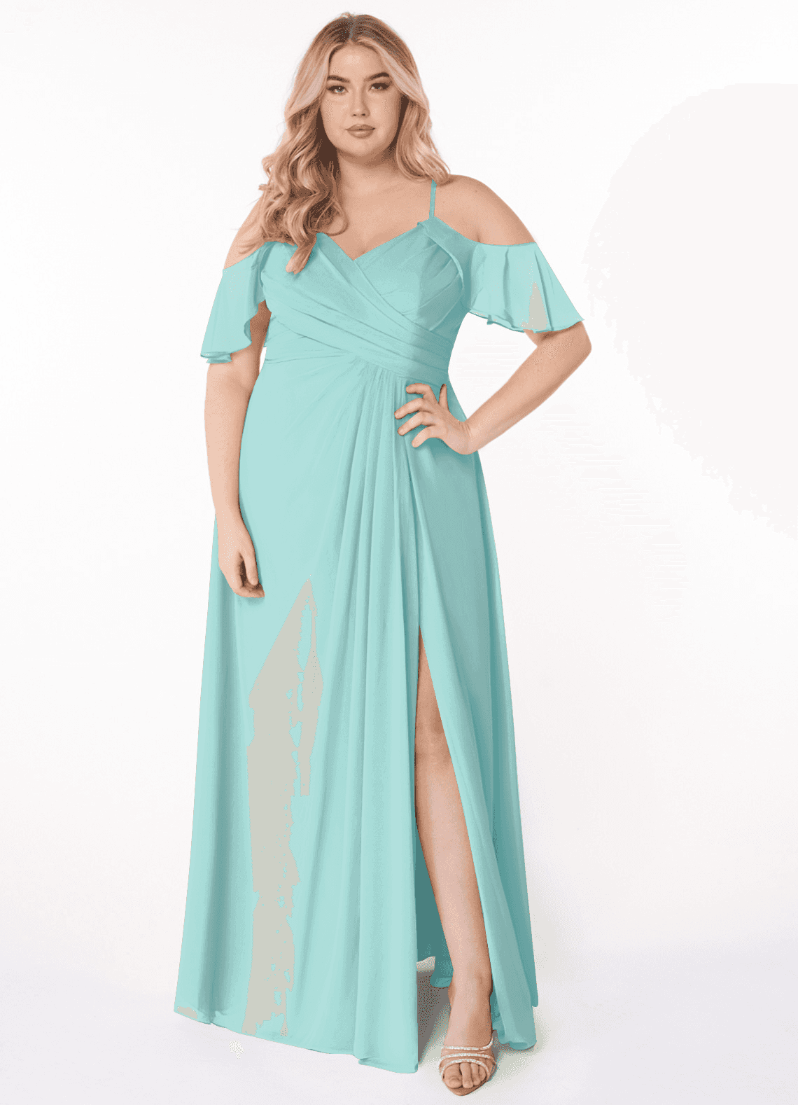 Azazie Dakota Bridesmaid Dresses Aqua A-Line V-Neck Pleated Chiffon Dress image1
