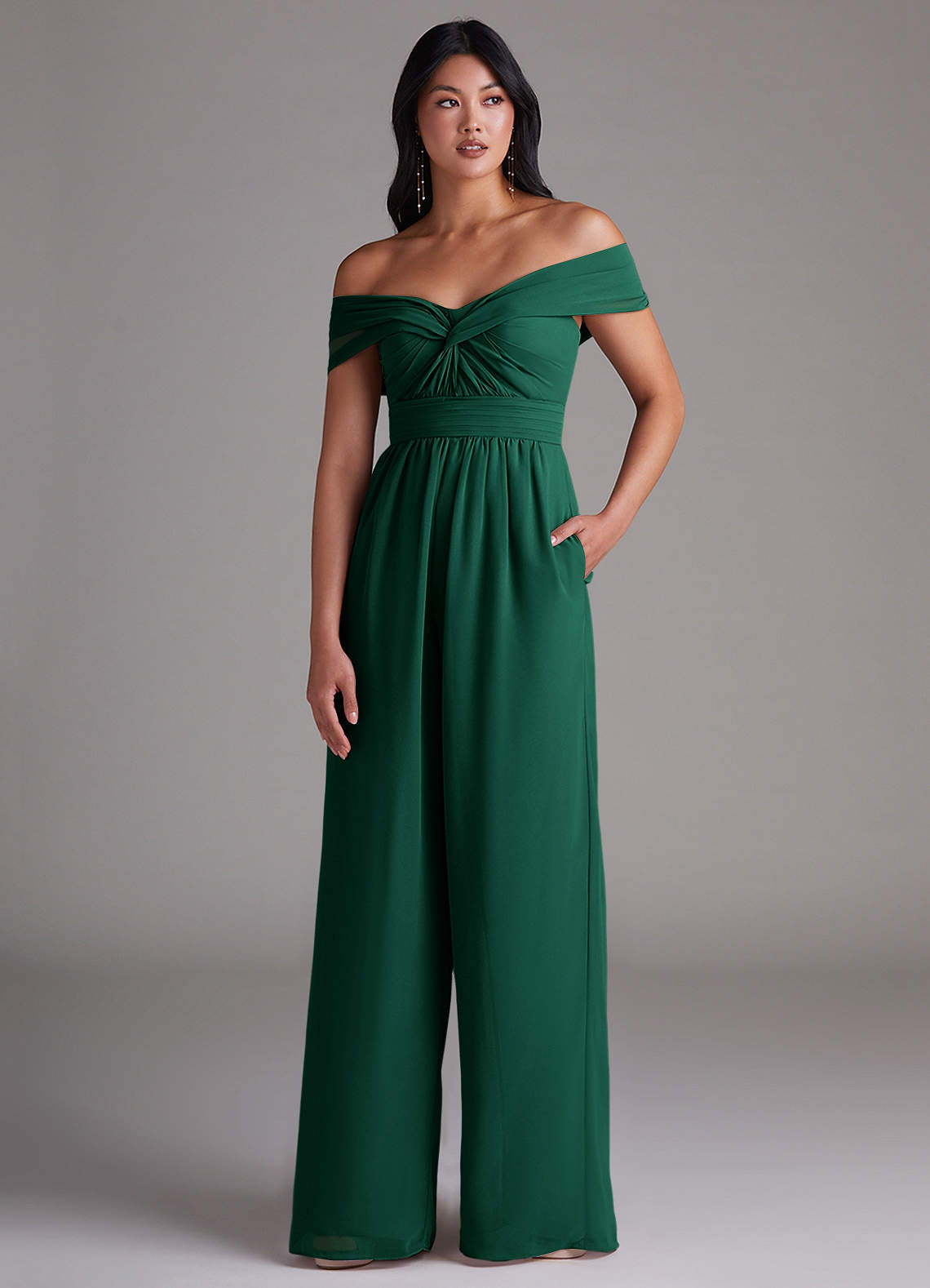 Azazie Lamara Bridesmaid Dresses Emerald Off the Shoulder Chiffon Convertible Jumpsuit image1