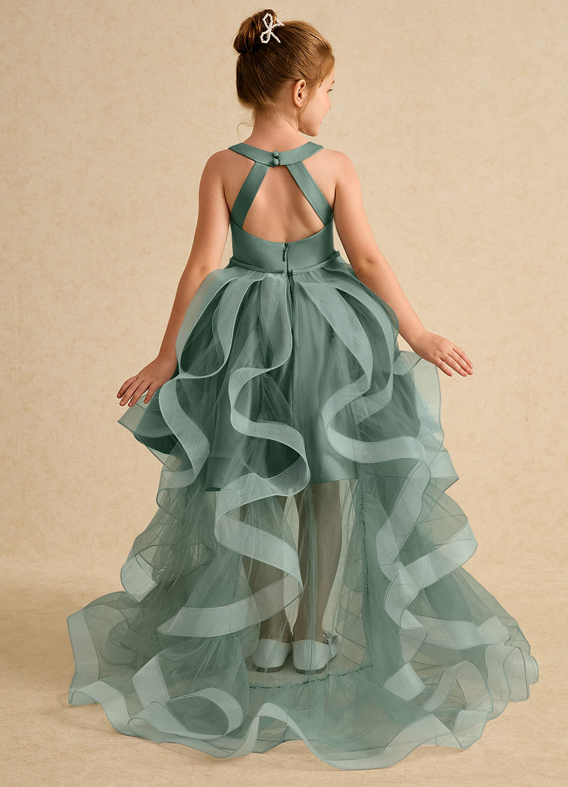 Azazie Julietta Flower Girl Dresses Eucalyptus Ball-Gown Convertible Tulle Dress image1