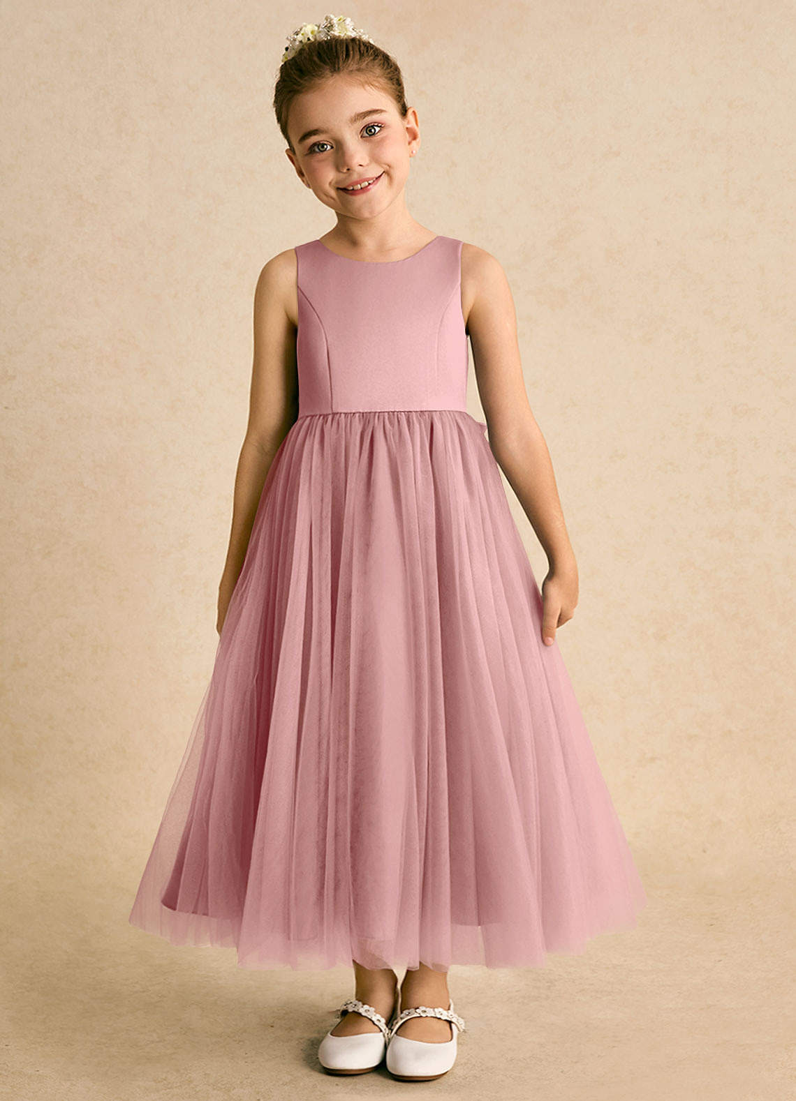 Azazie Solia Flower Girl Dresses Dusty Rose Ball-Gown Bow Tulle Dress image2