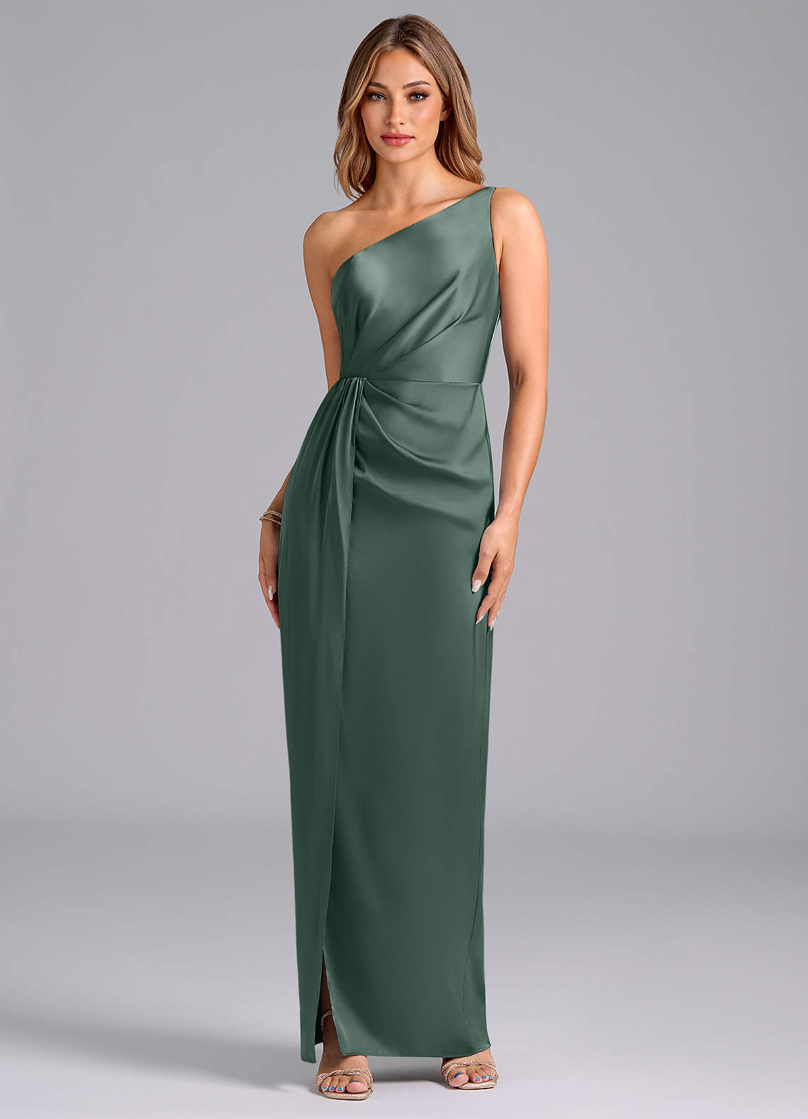 Azazie Naria Jurken voor bruidsmeisjes Jurk van Stretch Satijn met Kolom One-Shoulder Zeemos image1